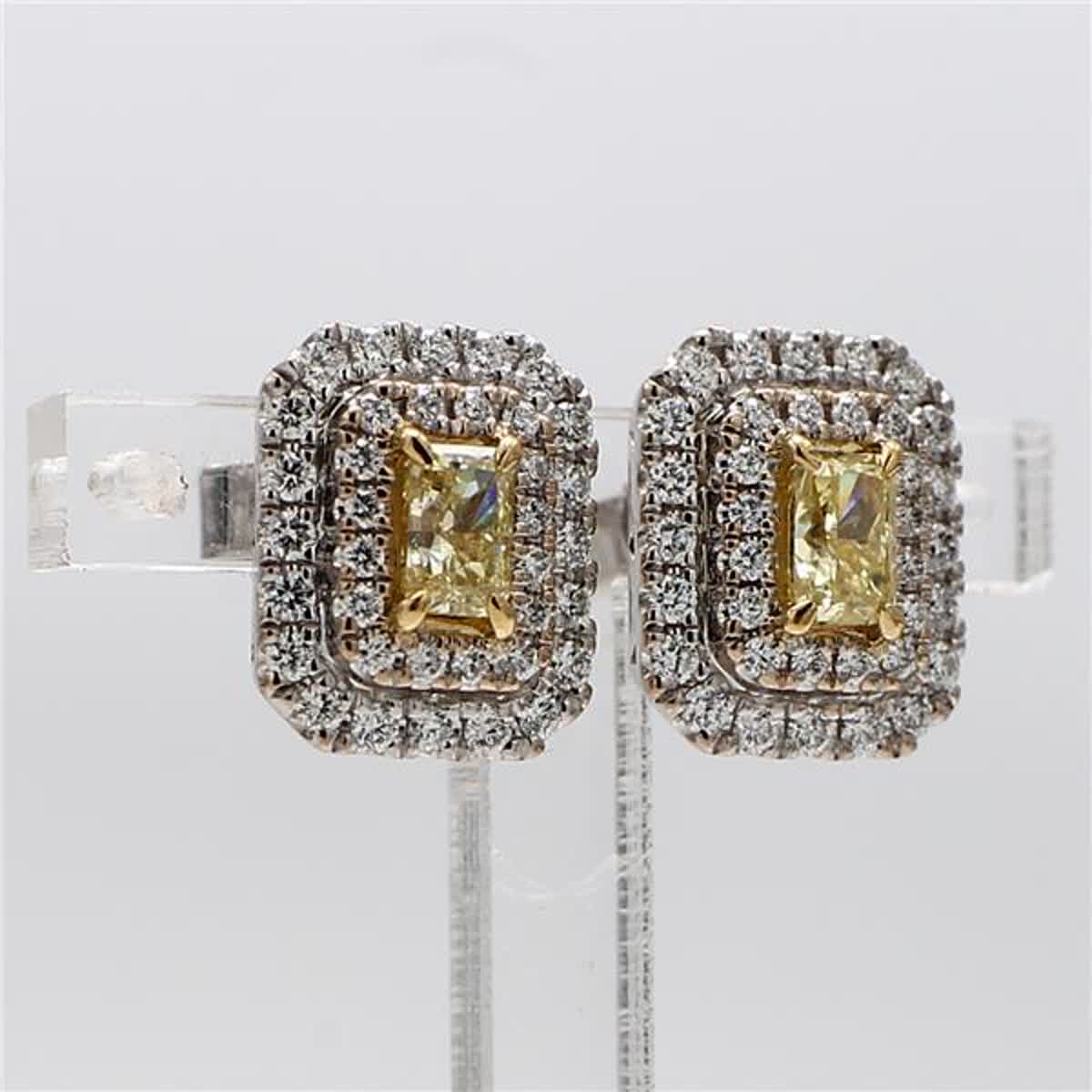 Natural Yellow Radiant and White Diamond 1.44 Carat TW Gold Stud Earrings