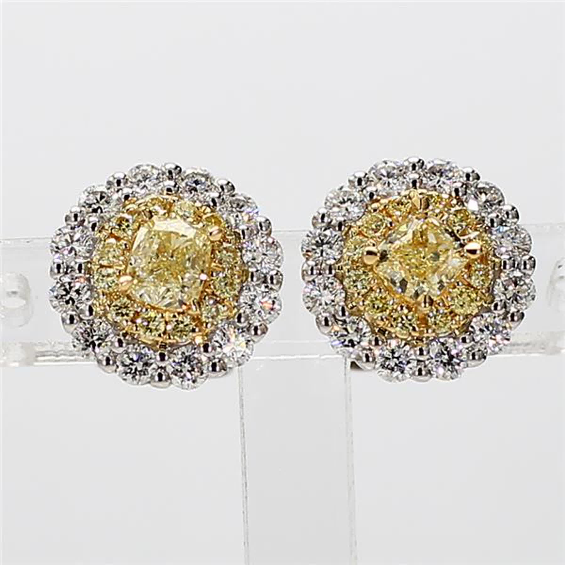 Natural Yellow Cushion and White Diamond 1.39 Carat TW Gold Stud Earrings