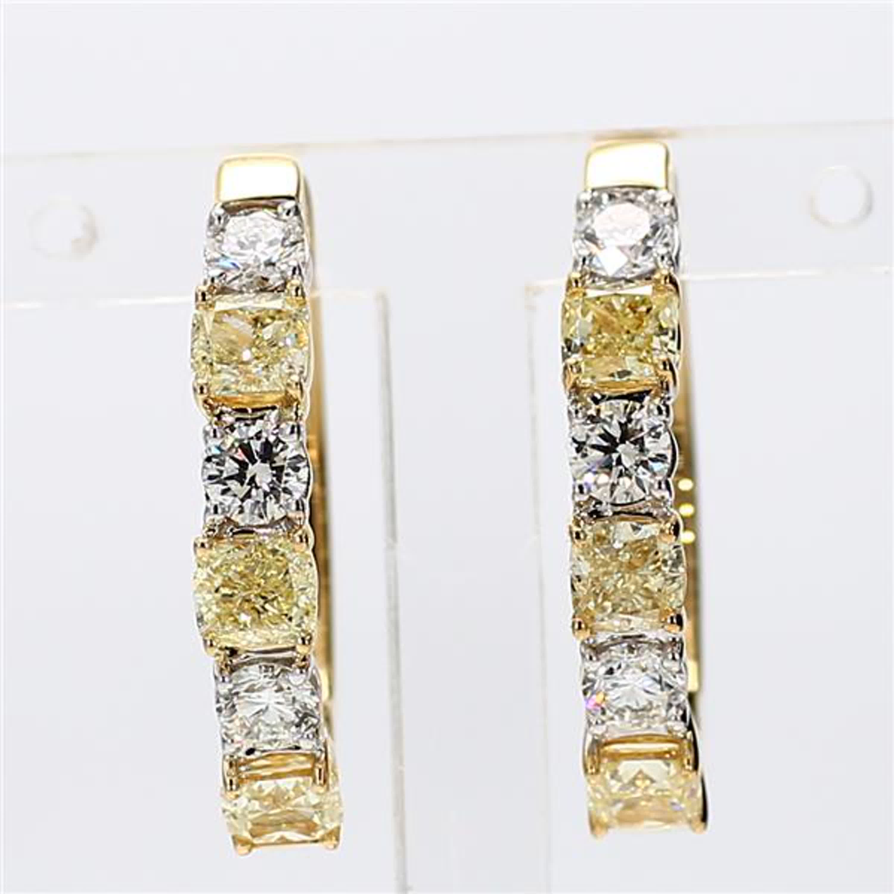 Natural Yellow Cushion and White Diamond 2.36 Carat TW Gold Hoop Earrings