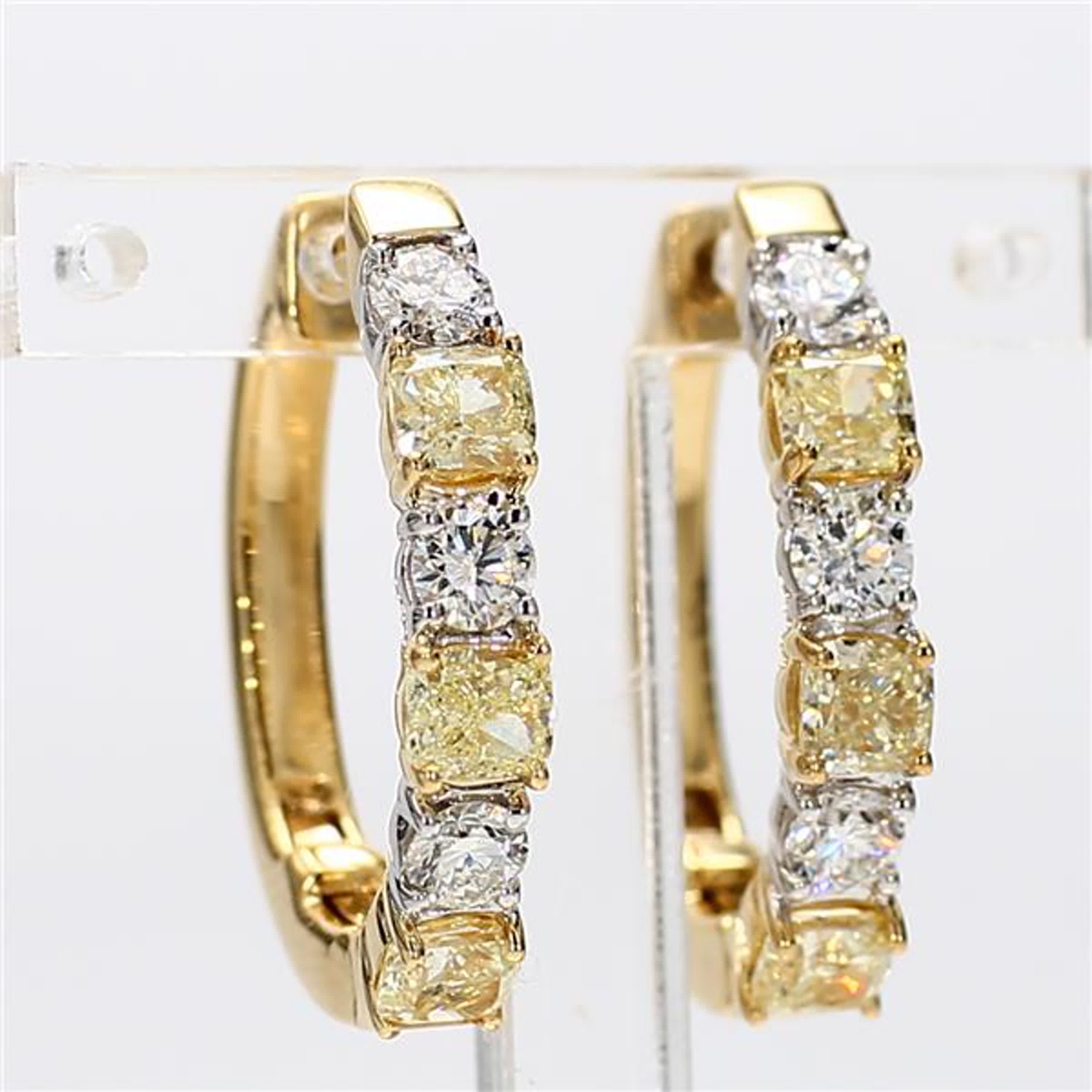 Natural Yellow Cushion and White Diamond 2.36 Carat TW Gold Hoop Earrings