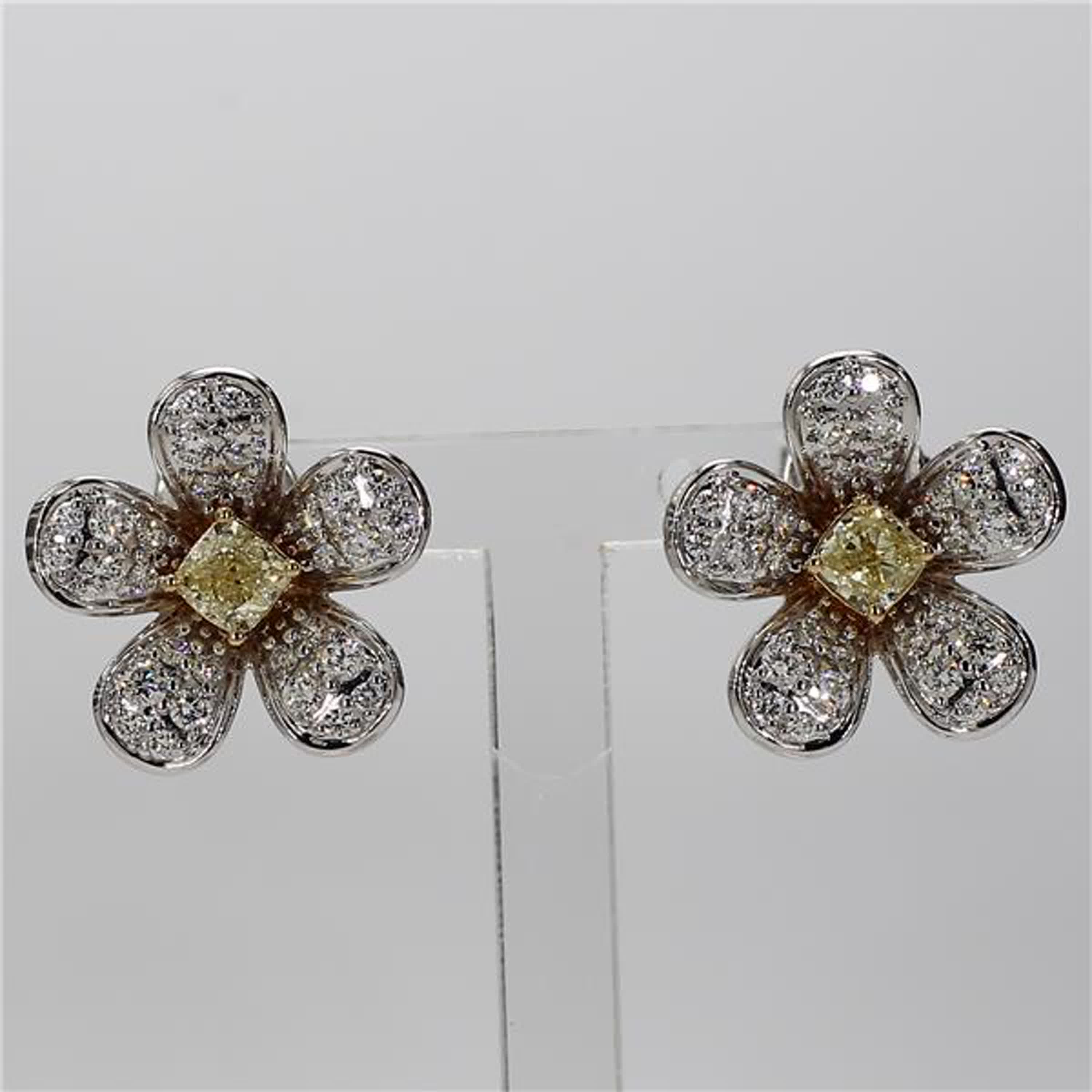 Natural Yellow Radiant and White Diamond 1.27 Carat TW Gold Stud Earrings