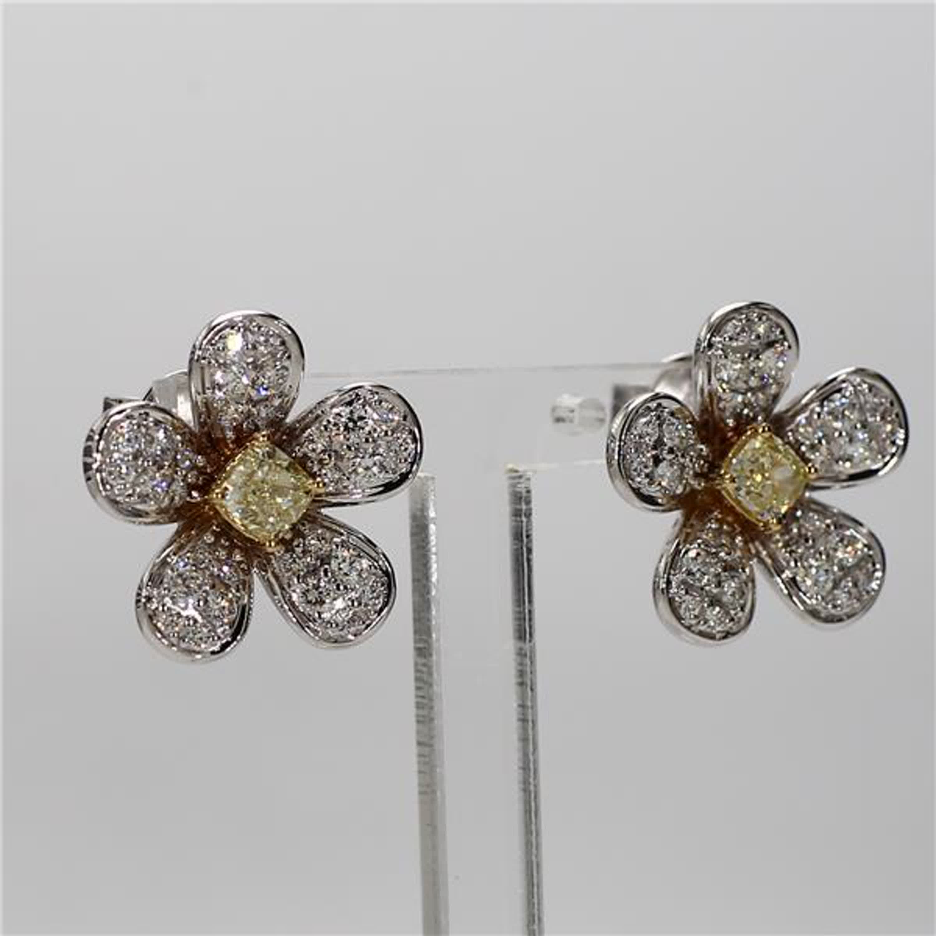 Natural Yellow Radiant and White Diamond 1.27 Carat TW Gold Stud Earrings