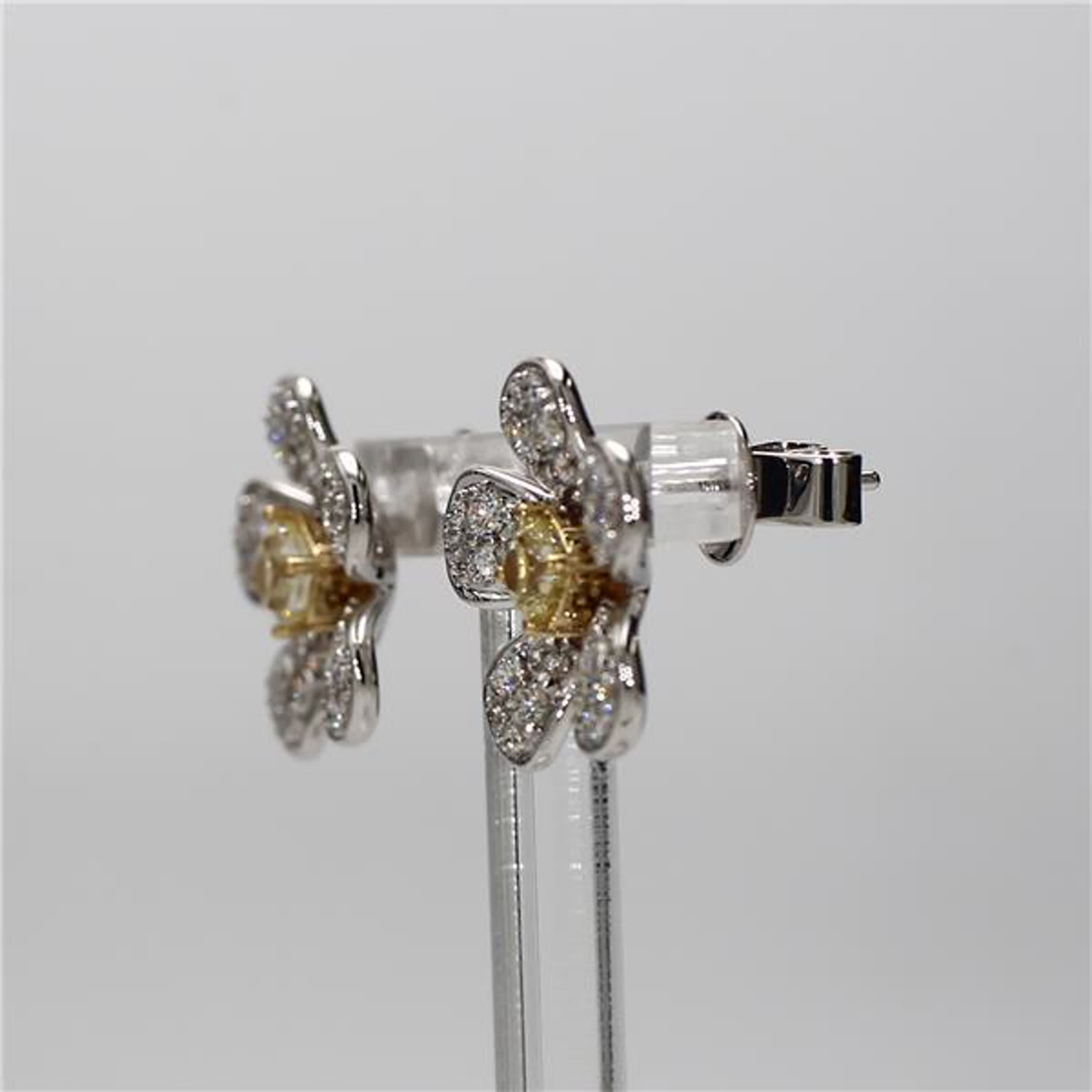 Natural Yellow Radiant and White Diamond 1.27 Carat TW Gold Stud Earrings