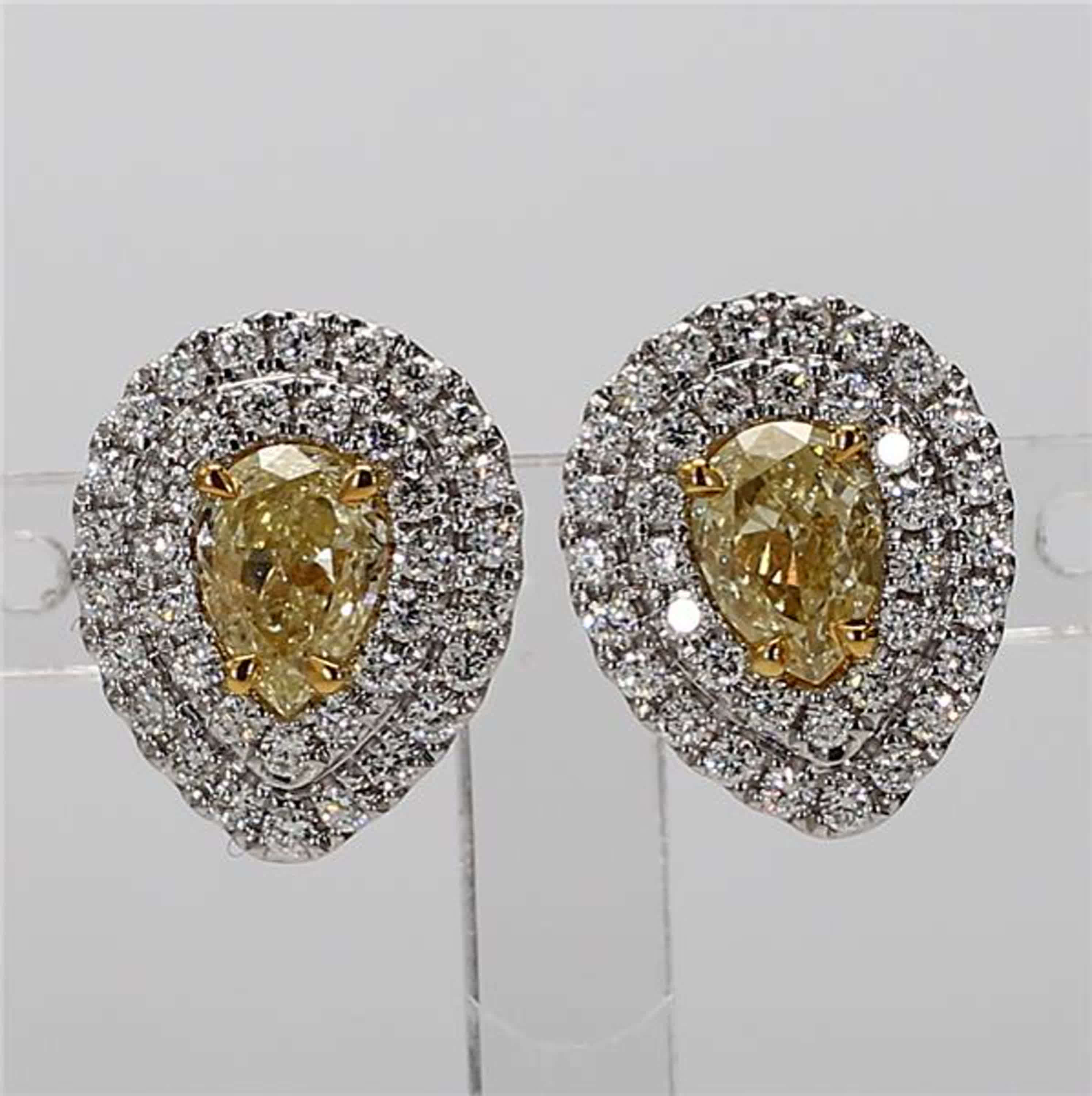 Natural Yellow Pear and White Diamond 1.54 Carat TW Gold Stud Earrings