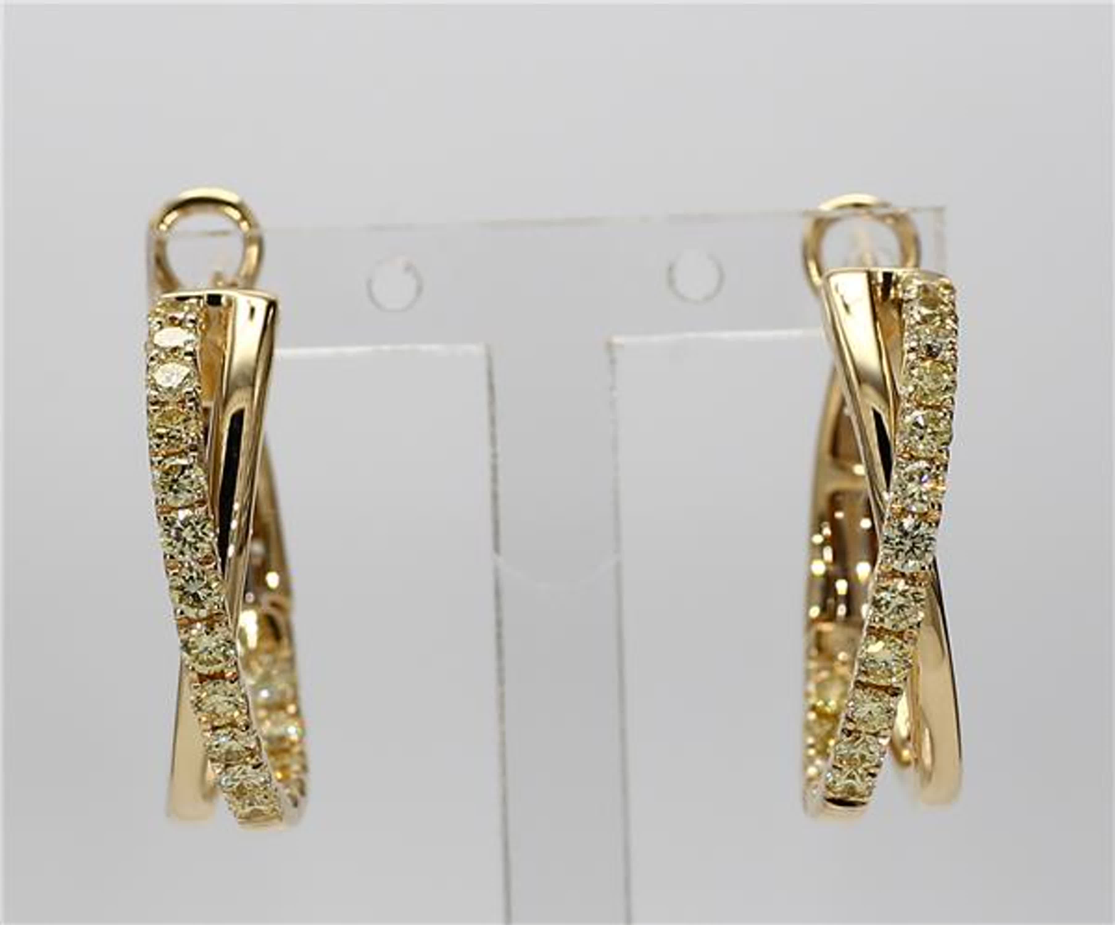 Natural Yellow Round Diamond .96 Carat TW Yellow Gold Hoop Earrings