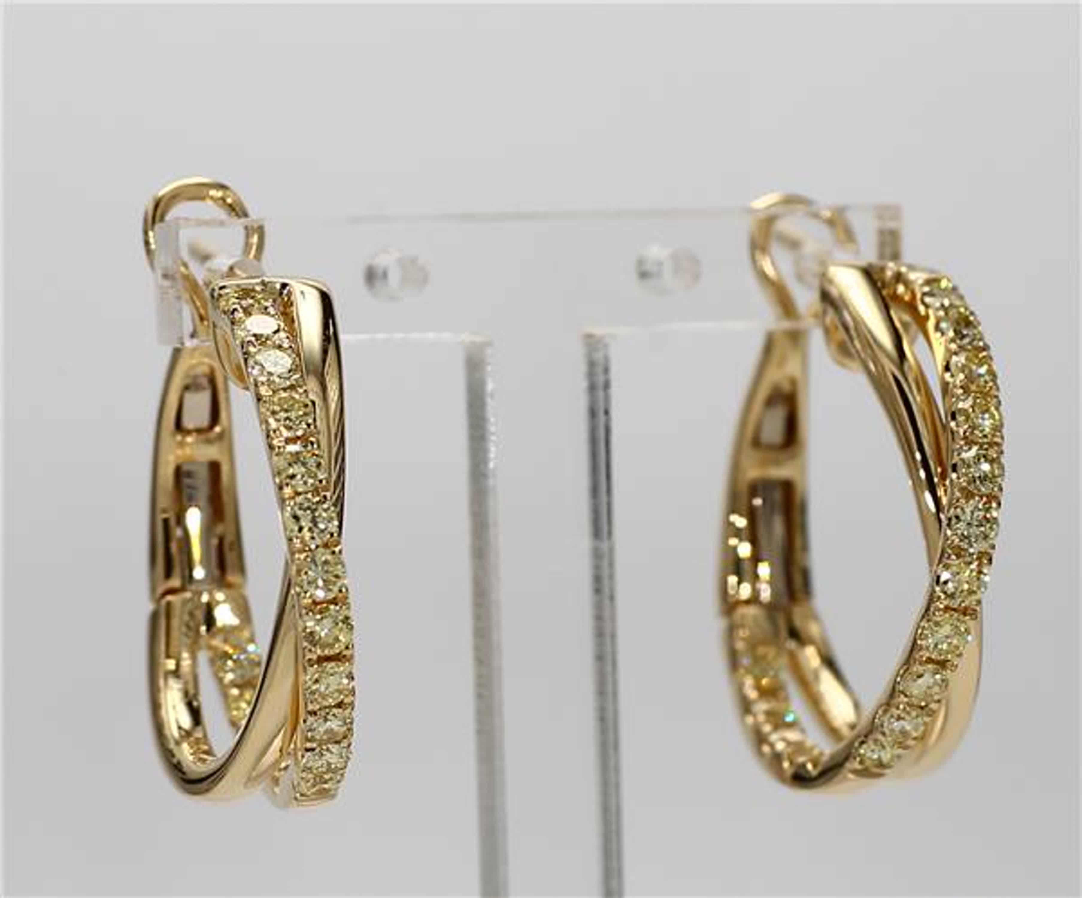 Natural Yellow Round Diamond .96 Carat TW Yellow Gold Hoop Earrings