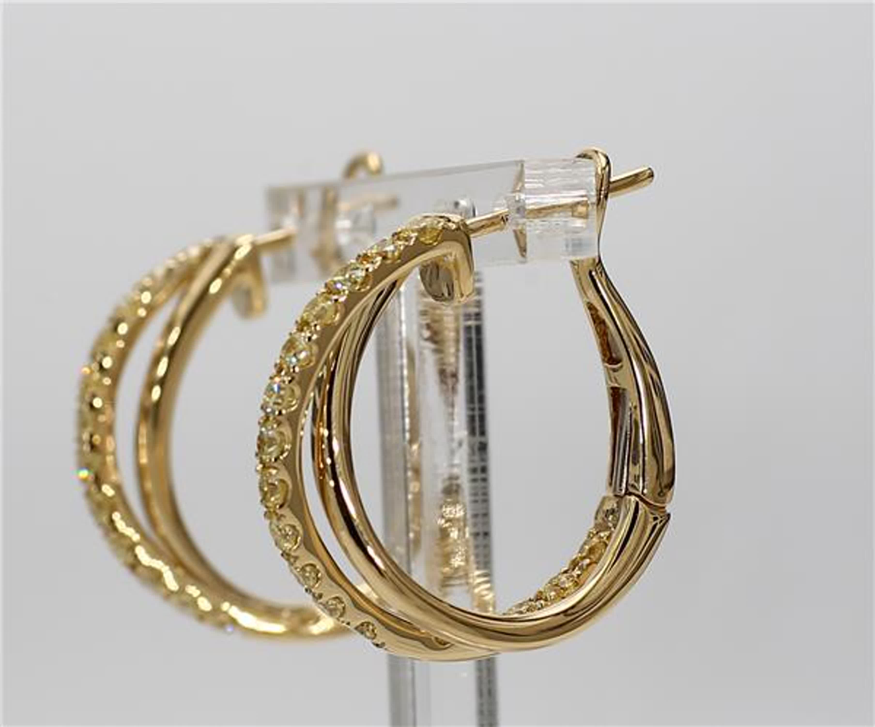 Natural Yellow Round Diamond .96 Carat TW Yellow Gold Hoop Earrings