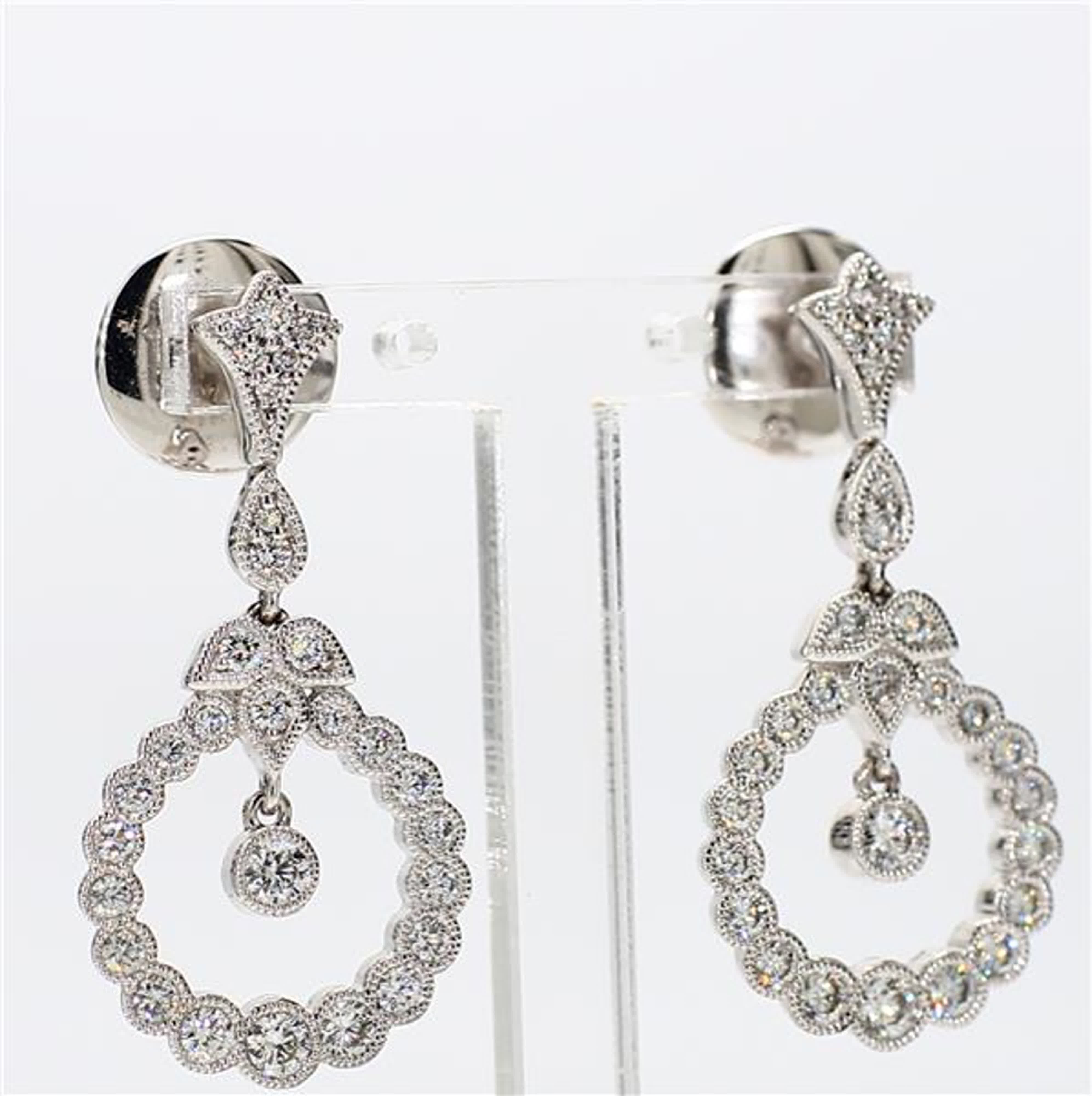 Natural White Round Diamond 1.12 Carat TW White Gold Drop Earrings