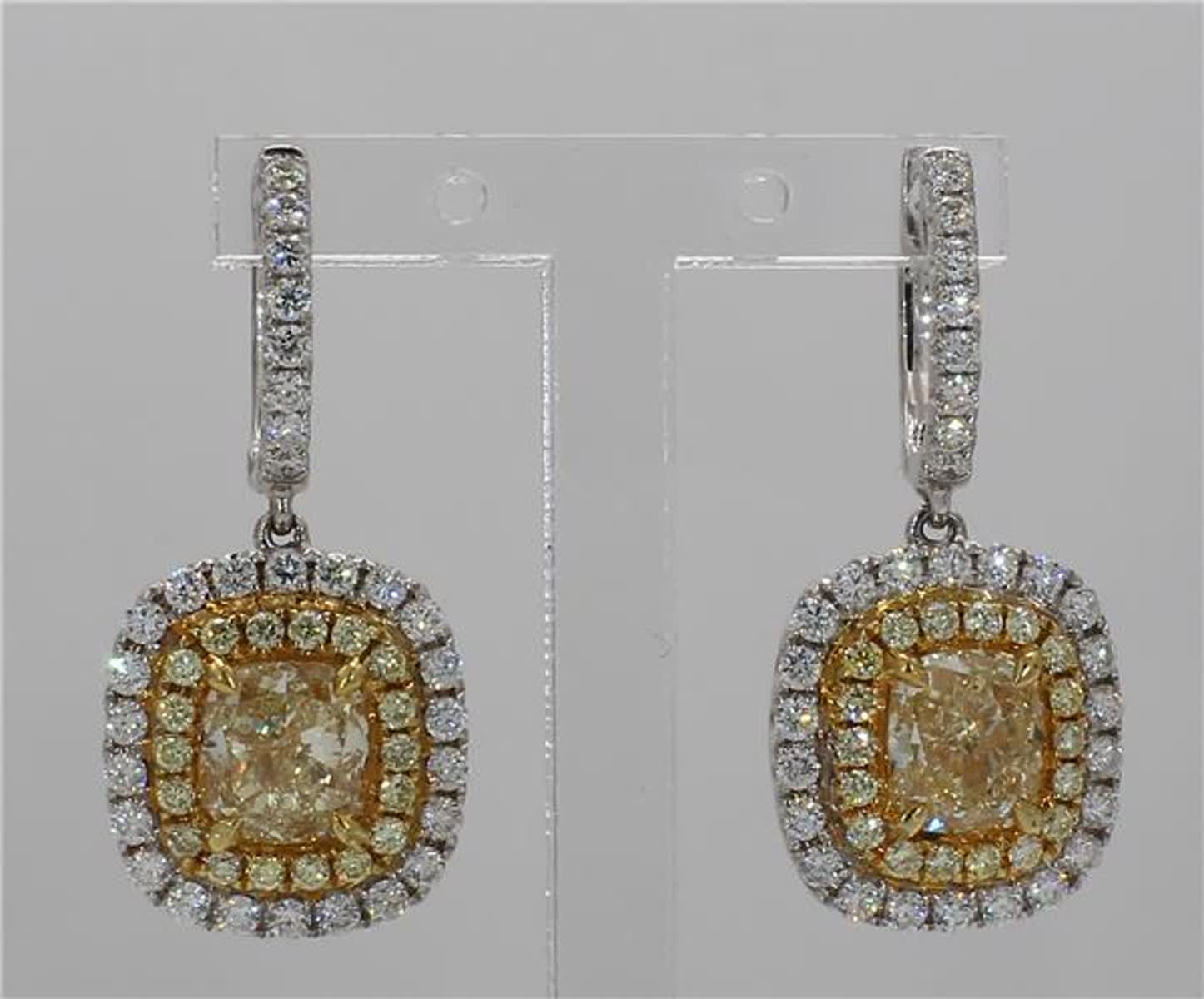 Natural Yellow Cushion and White Diamond 4.58 Carat TW Gold Dangle Earrings
