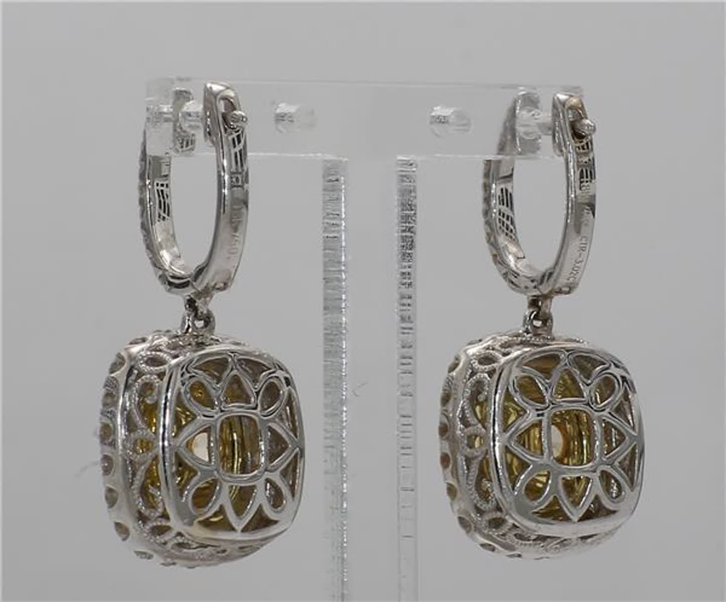 Natural Yellow Cushion and White Diamond 4.58 Carat TW Gold Dangle Earrings