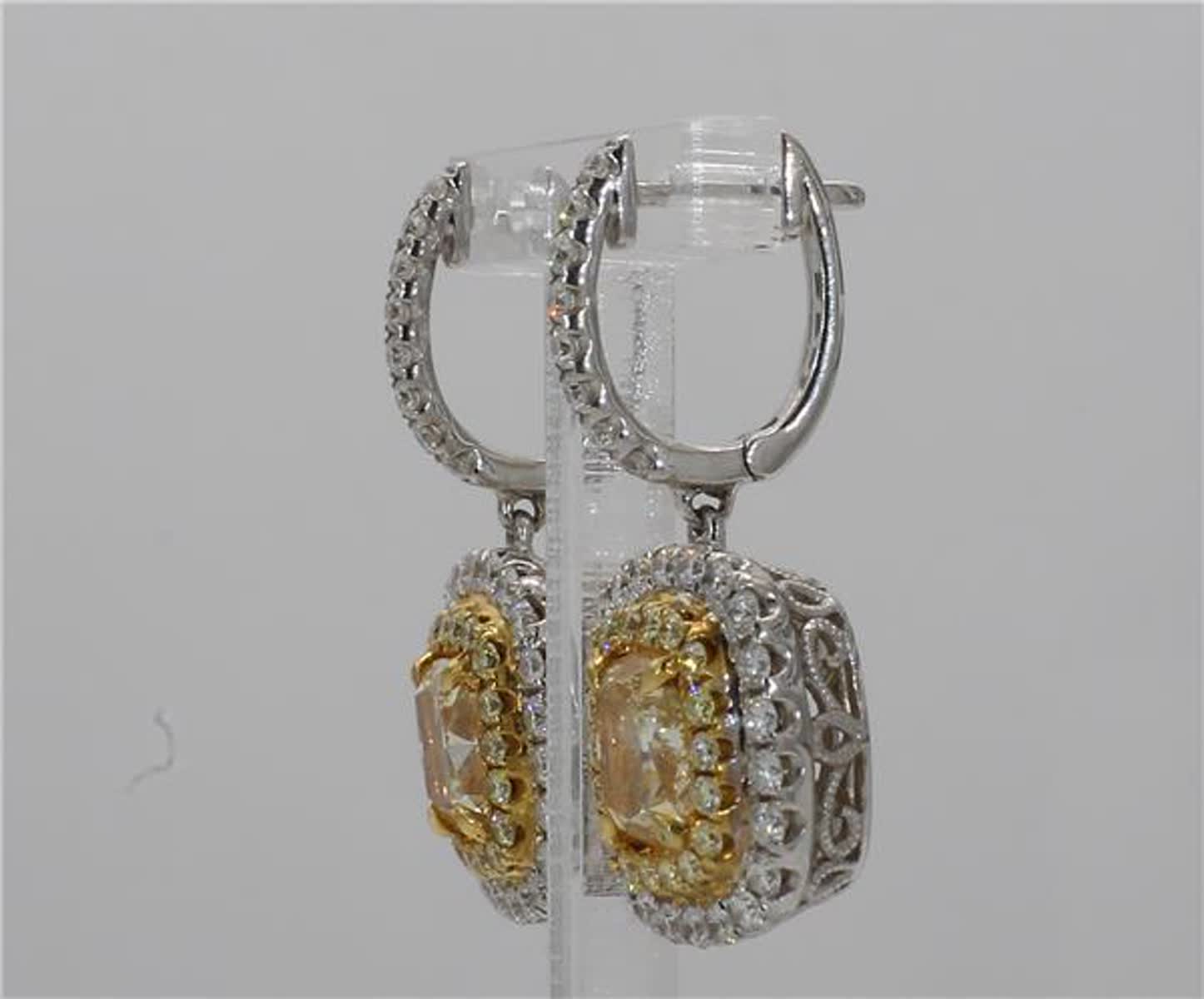 Natural Yellow Cushion and White Diamond 4.58 Carat TW Gold Dangle Earrings