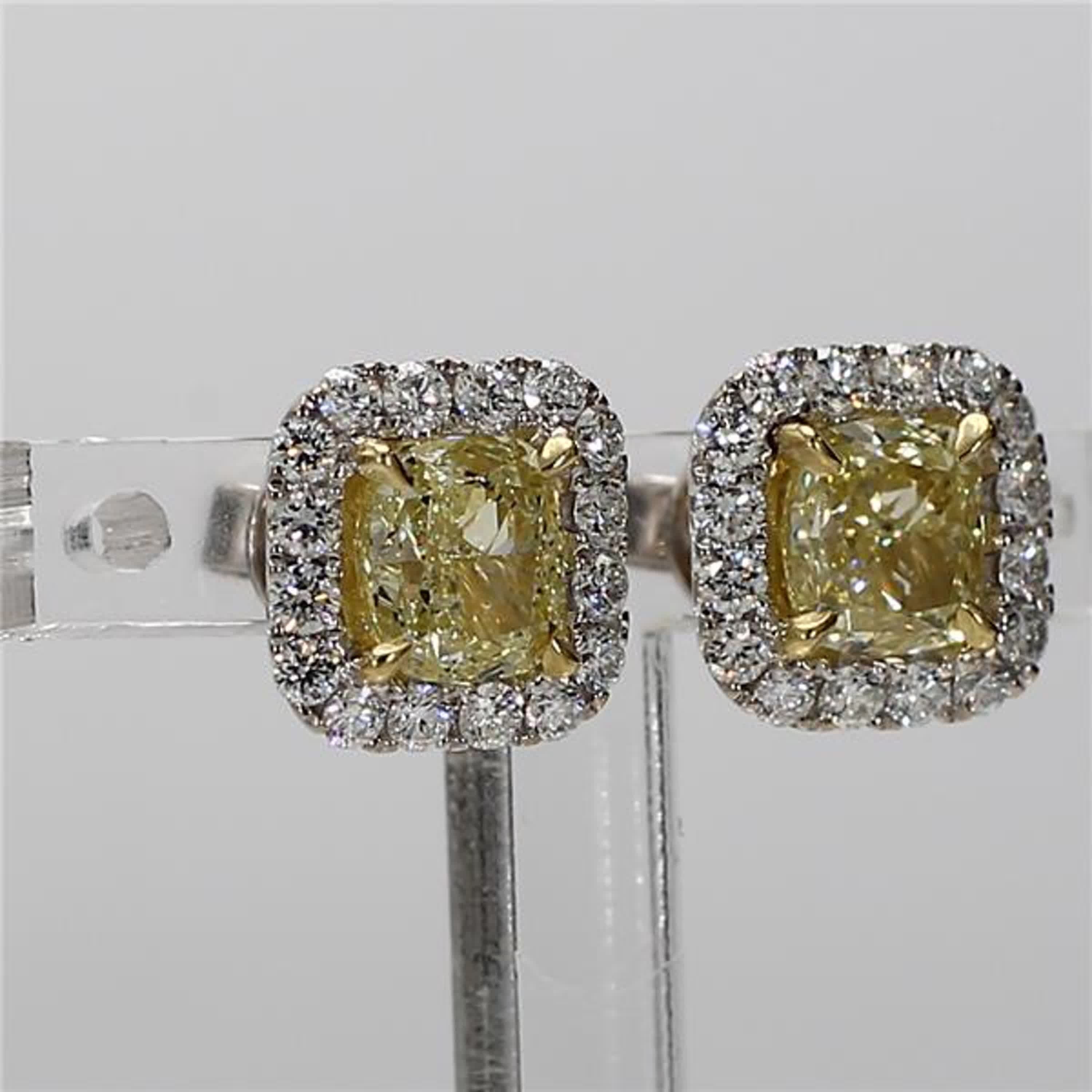 GIA Certified Natural Yellow Cushion and White Diamond 2.62 CT TW Gold Earrings