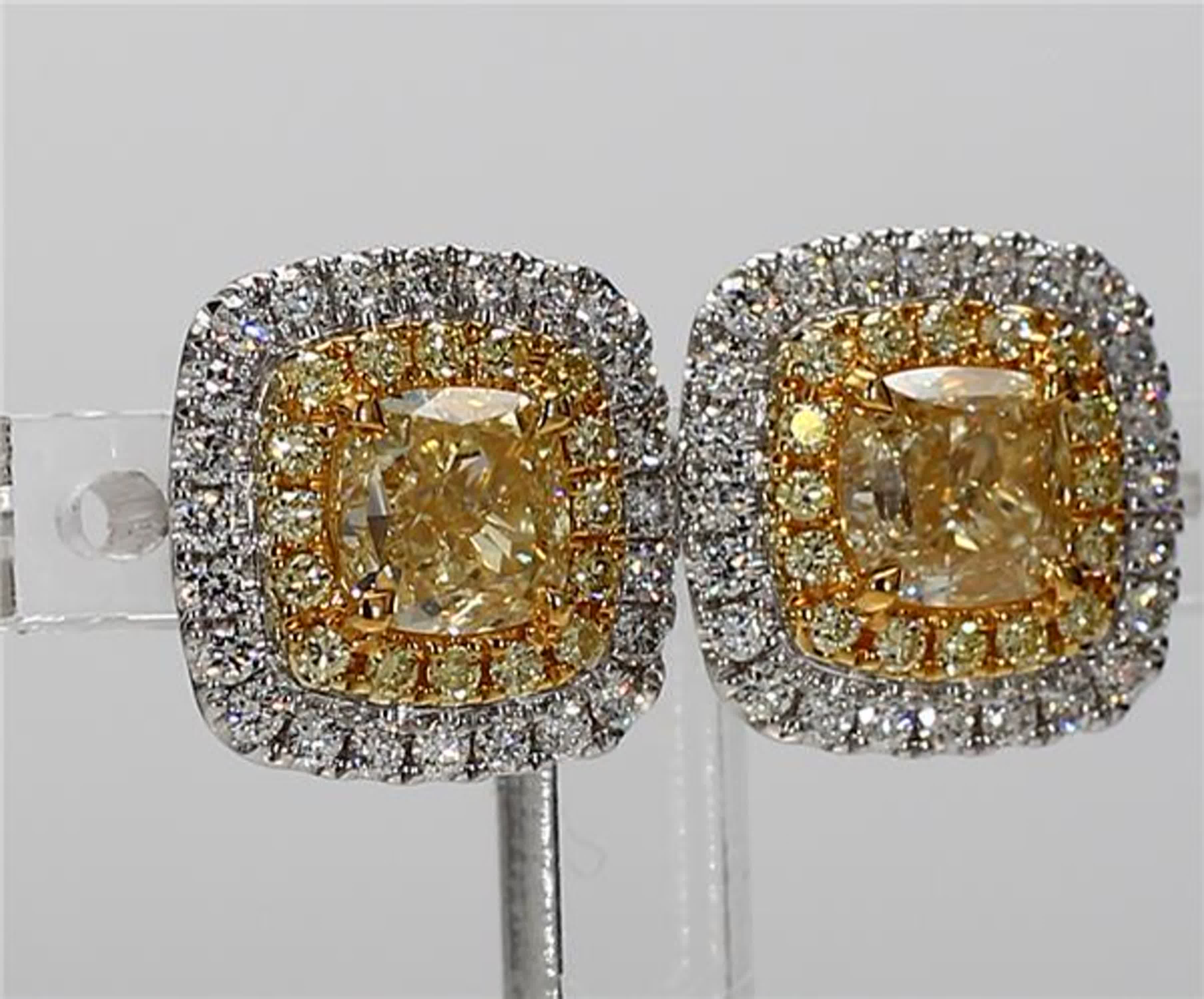 GIA Certified Natural Yellow Cushion and White Diamond 2.71 CT TW Gold Earrings