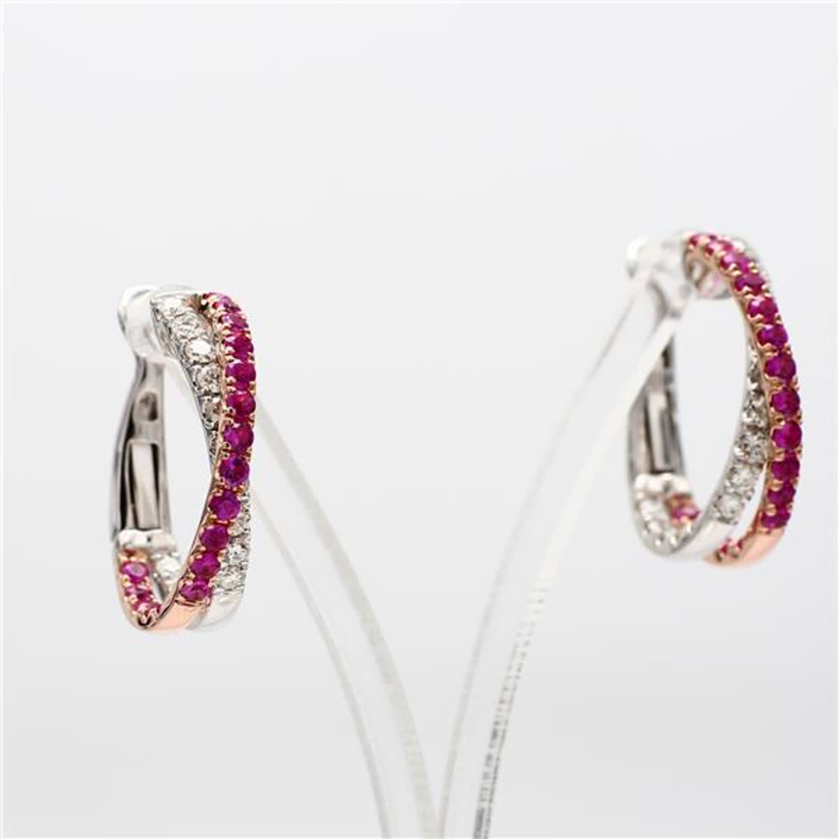 Natural Red Round Ruby and White Diamond 2.01 Carat TW Rose Gold Hoop Earrings