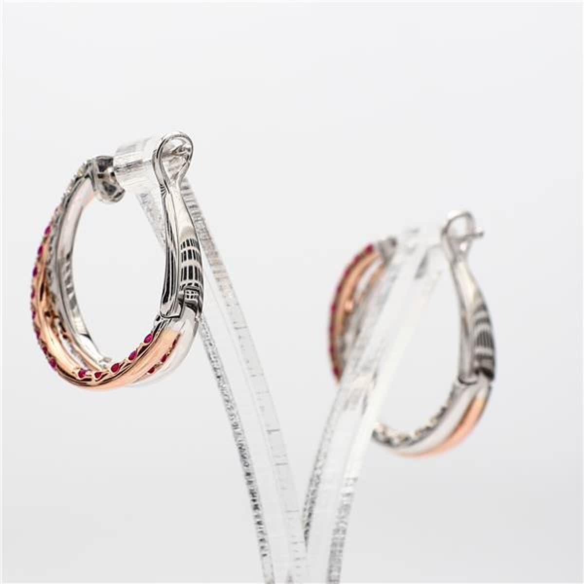 Natural Red Round Ruby and White Diamond 2.01 Carat TW Rose Gold Hoop Earrings