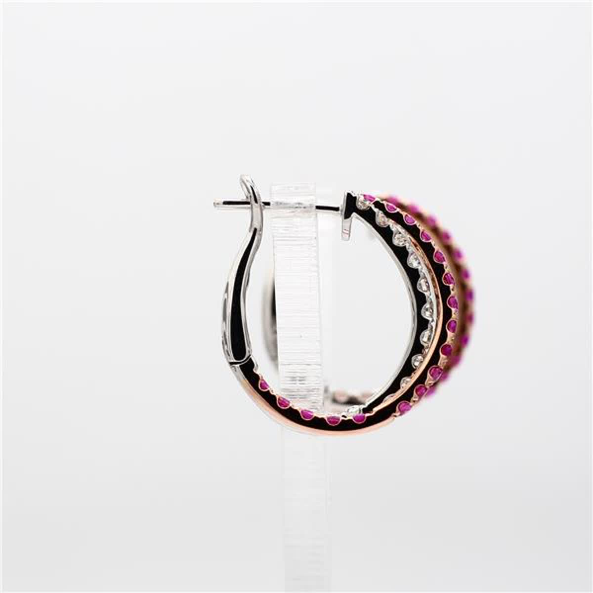 Natural Red Round Ruby and White Diamond 2.01 Carat TW Rose Gold Hoop Earrings