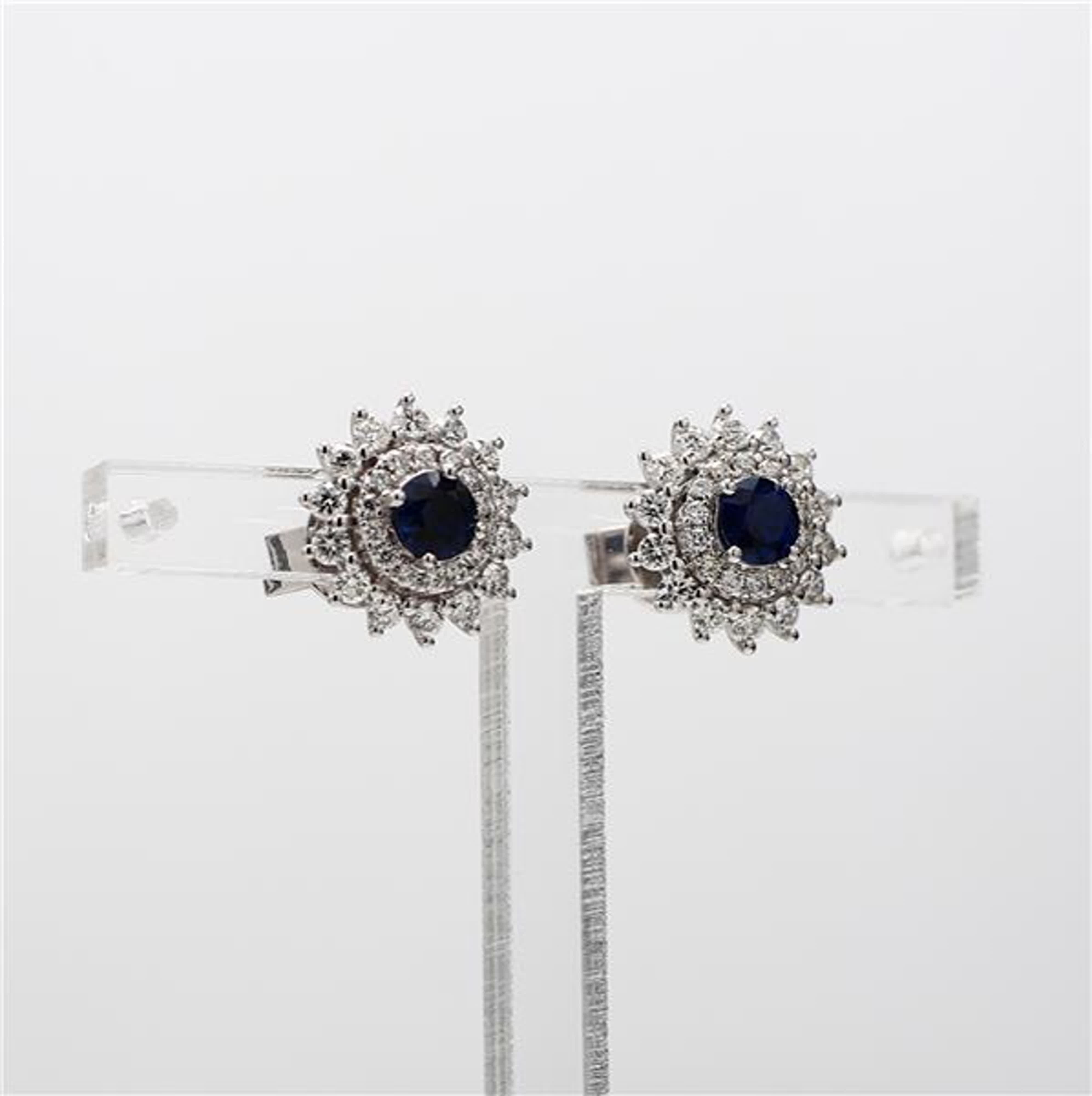 Natural Blue Round Sapphire and White Diamond 1.42 Carat TW Gold Stud Earrings