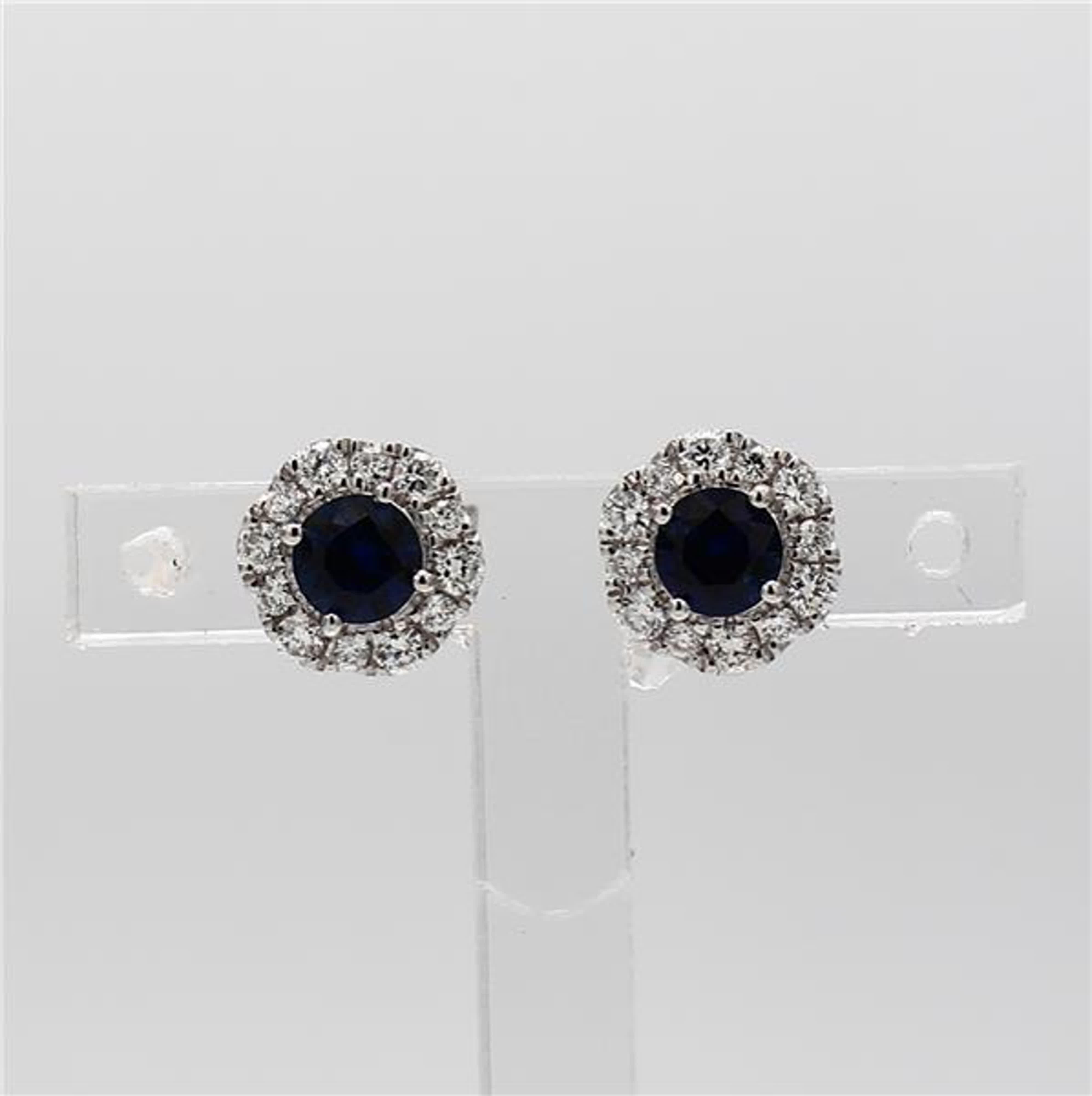 Natural Blue Round Sapphire and White Diamond .93 Carat TW Gold Stud Earrings