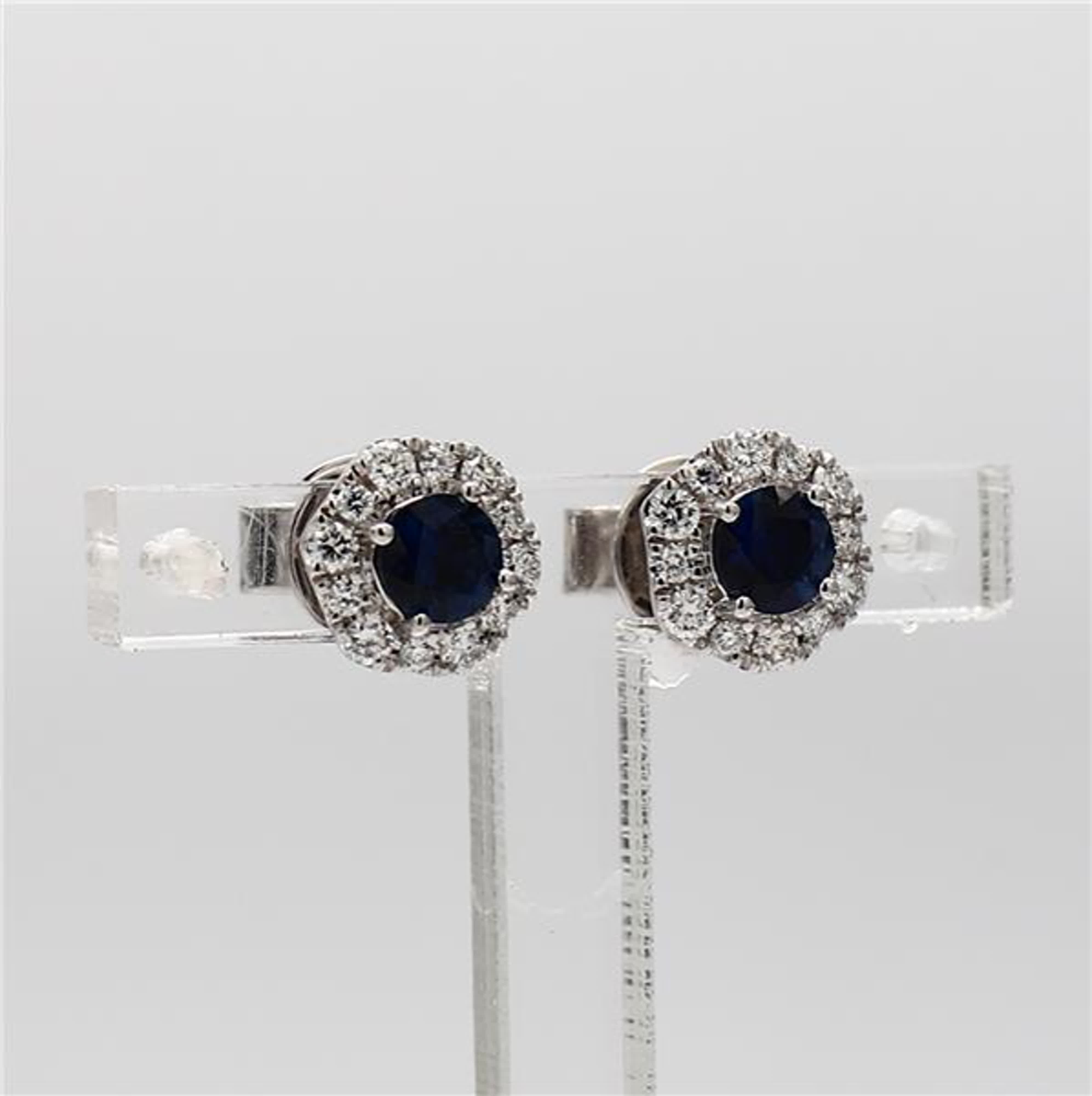 Natural Blue Round Sapphire and White Diamond .93 Carat TW Gold Stud Earrings