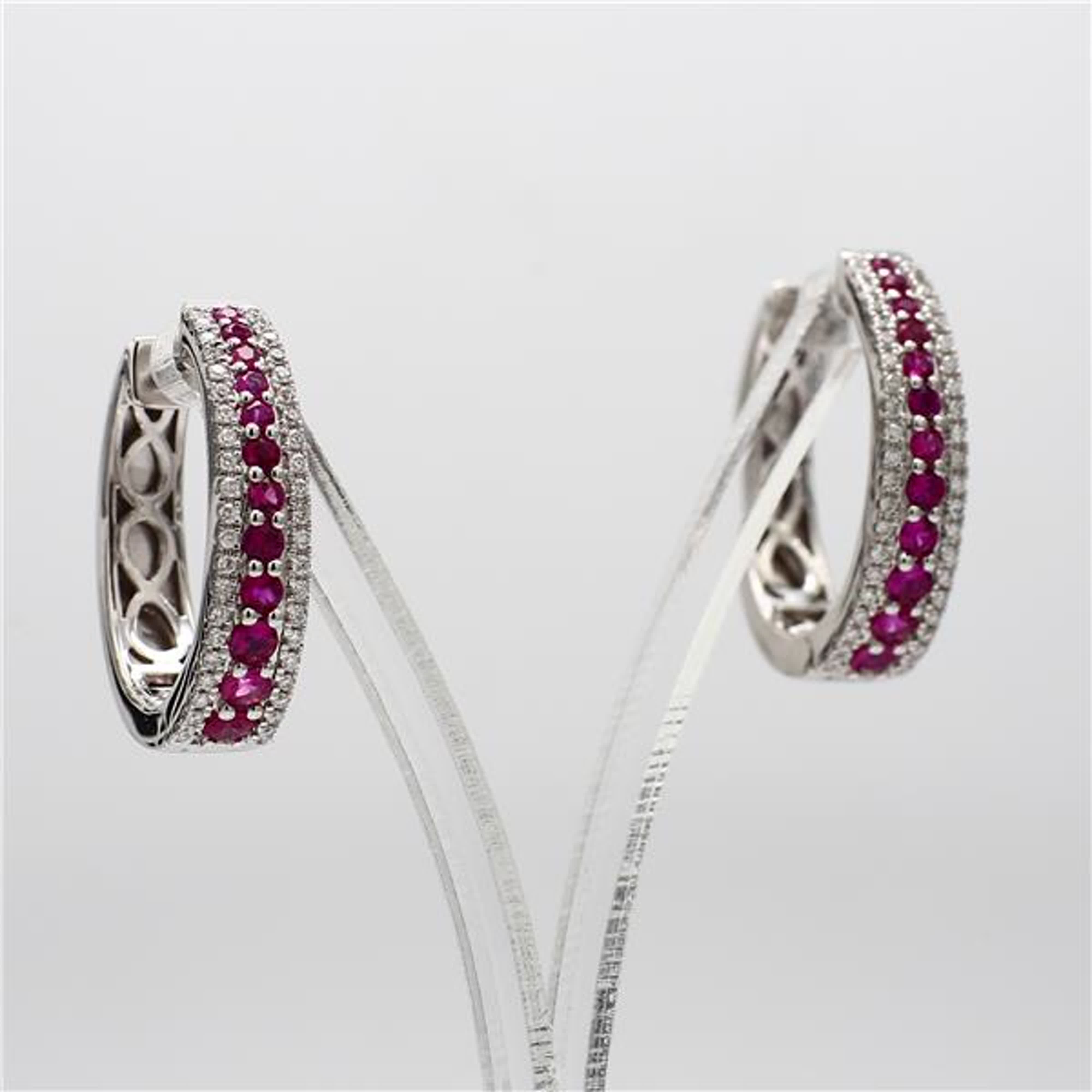 Natural Red Round Ruby and White Diamond 1.26 Carat TW White Gold Hoop Earrings