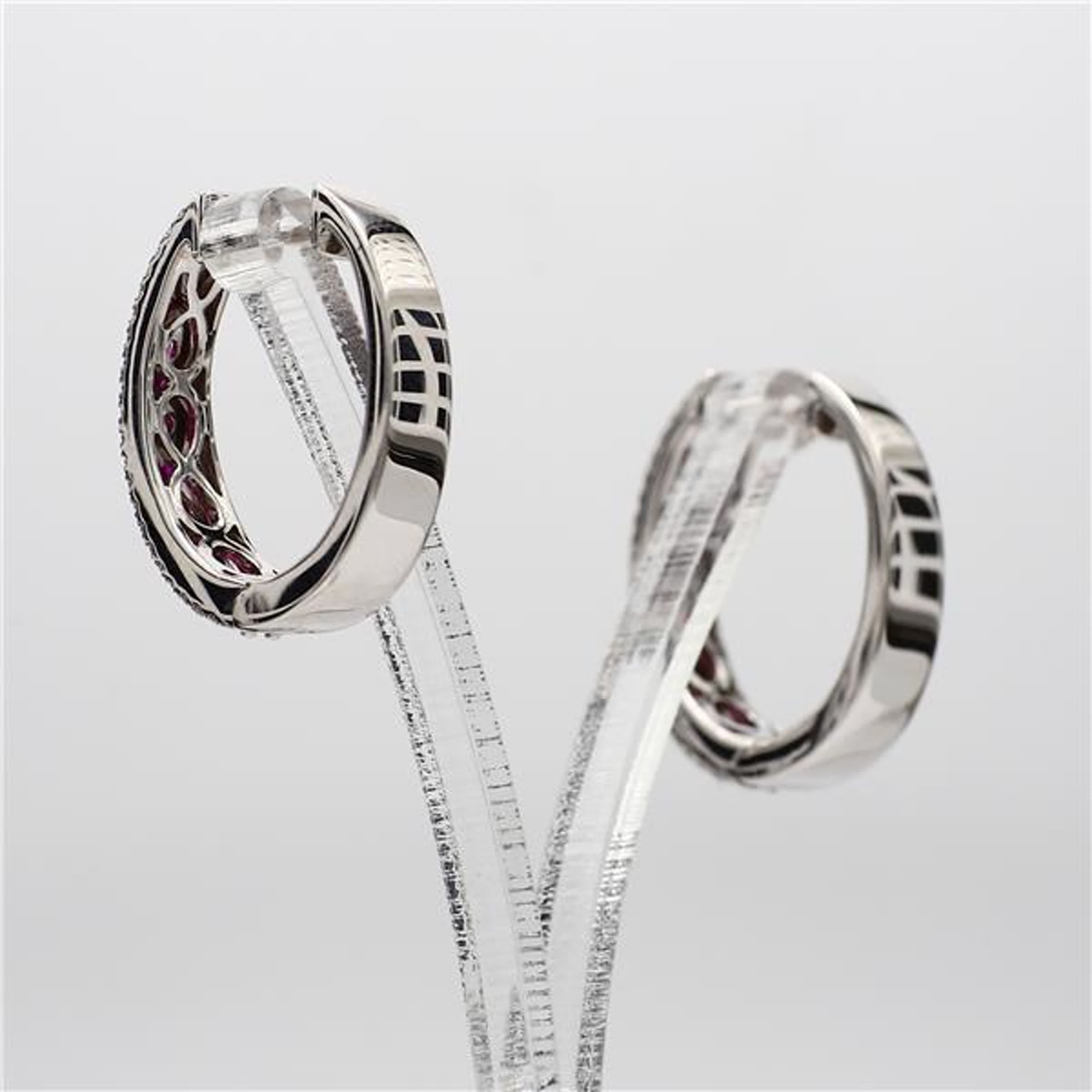 Natural Red Round Ruby and White Diamond 1.26 Carat TW White Gold Hoop Earrings