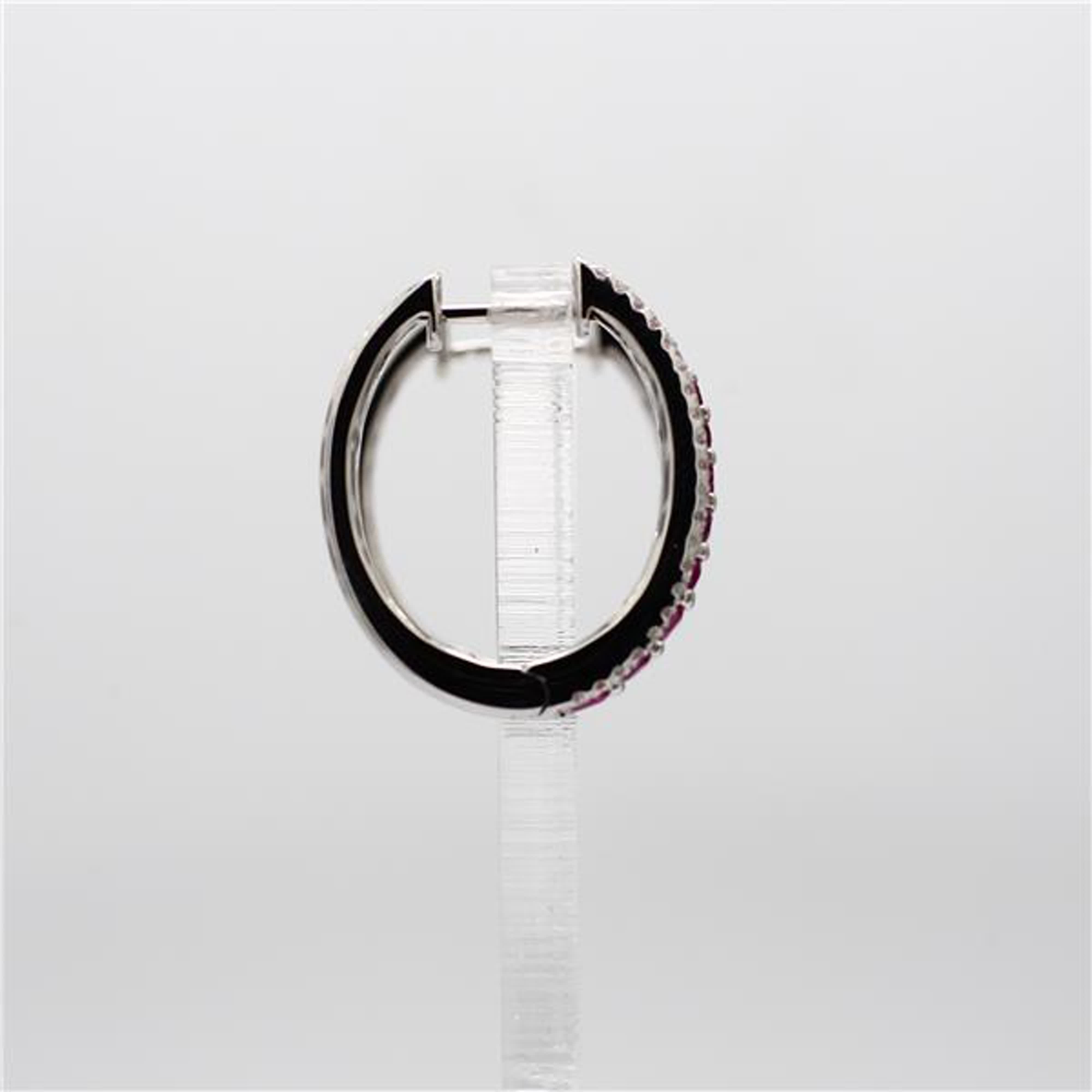 Natural Red Round Ruby and White Diamond 1.26 Carat TW White Gold Hoop Earrings