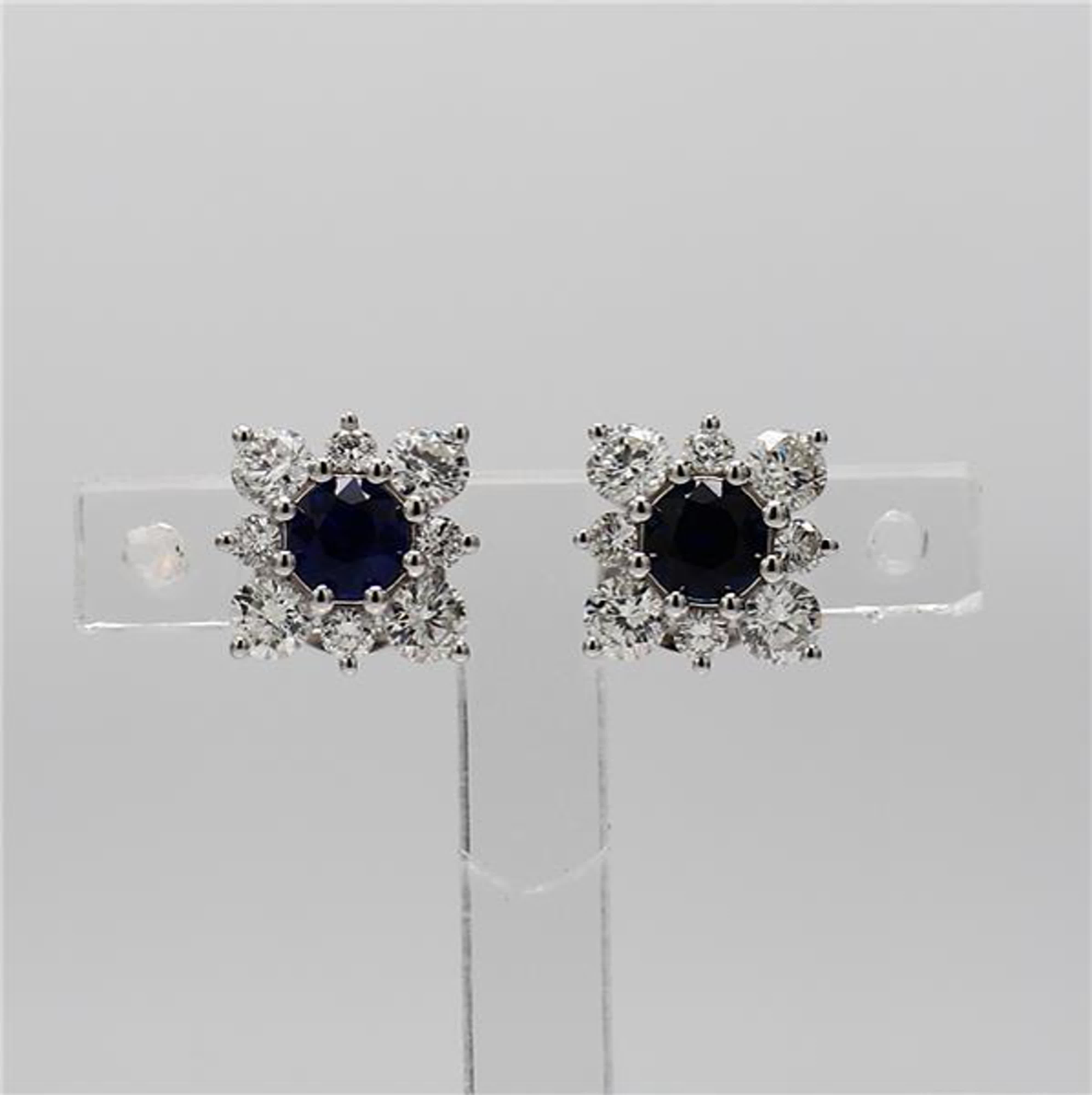 Natural Blue Round Sapphire and White Diamond 1.49 Carat TW Gold Stud Earrings