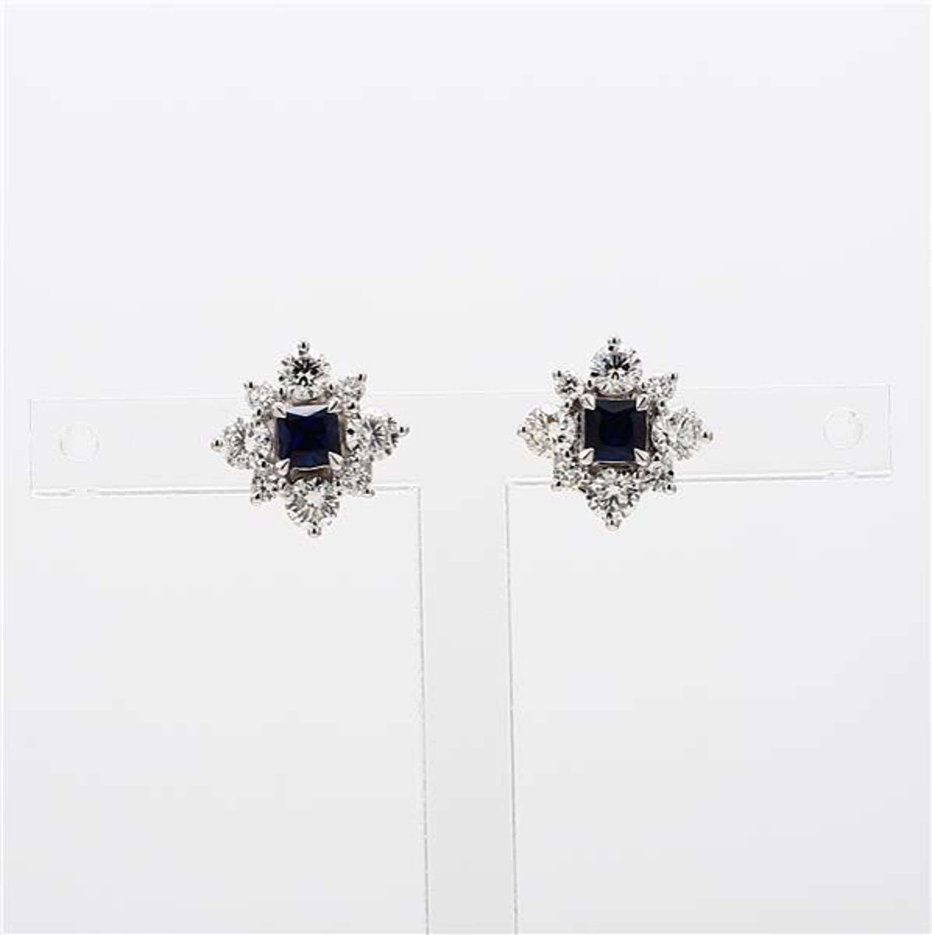 Natural Blue Princess Sapphire and White Diamond 1.28 Carat TW Gold Earrings