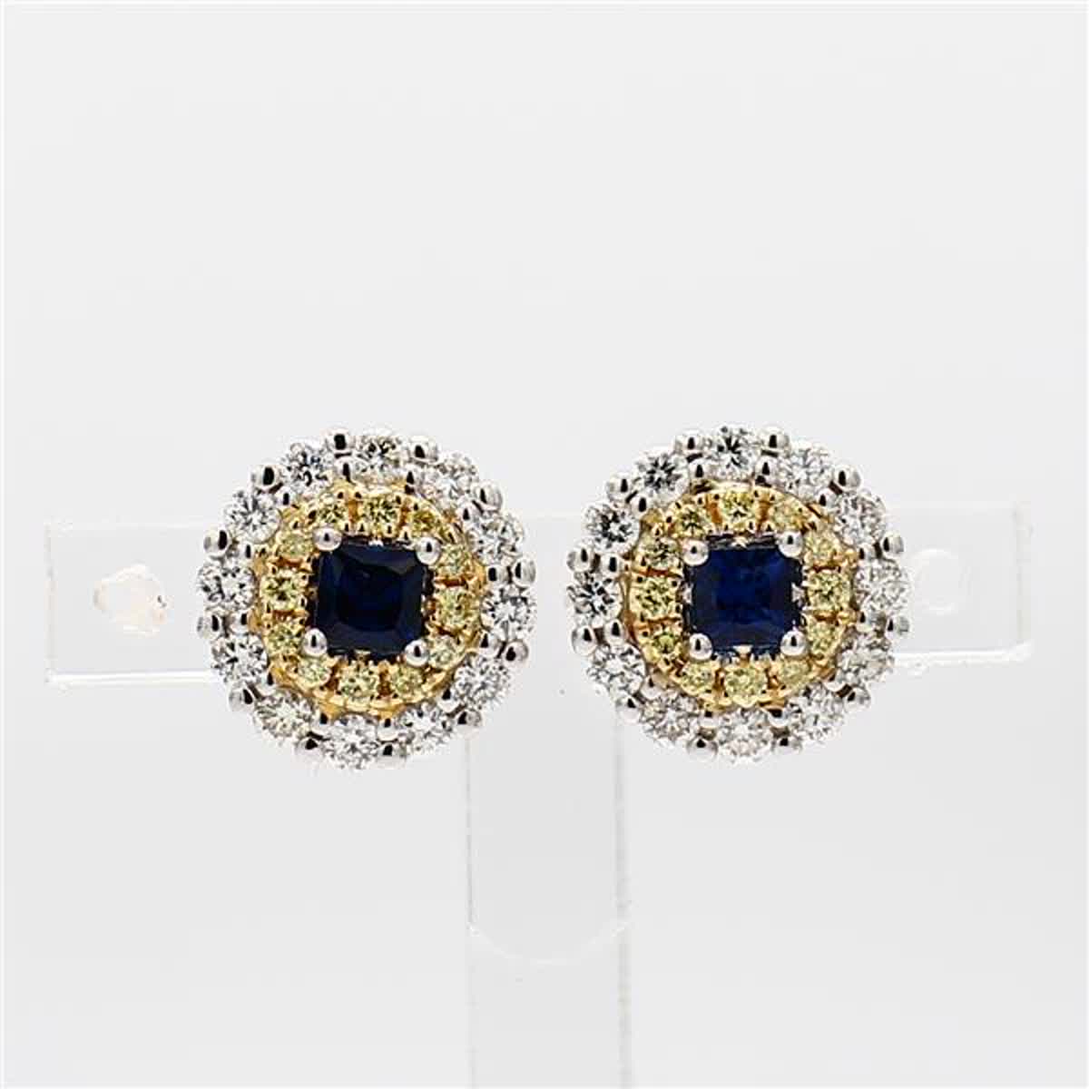 Natural Blue Round Sapphire and Diamond 1.05 Carat TW Gold Stud Earrings