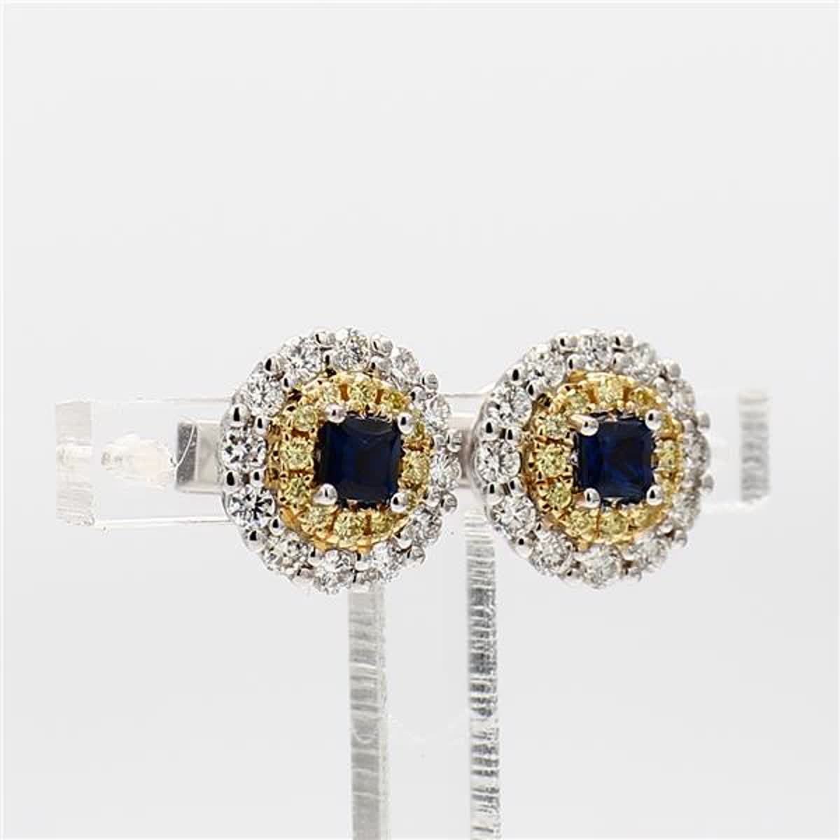 Natural Blue Round Sapphire and Diamond 1.05 Carat TW Gold Stud Earrings
