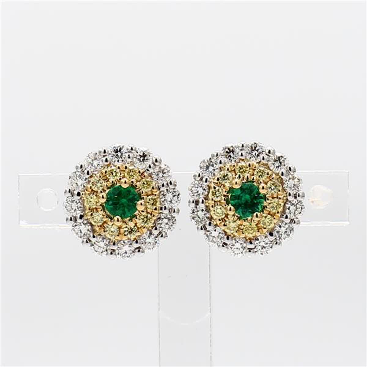 Natural Round Emerald and Diamond .93 Carat TW Yellow Gold Stud Earrings