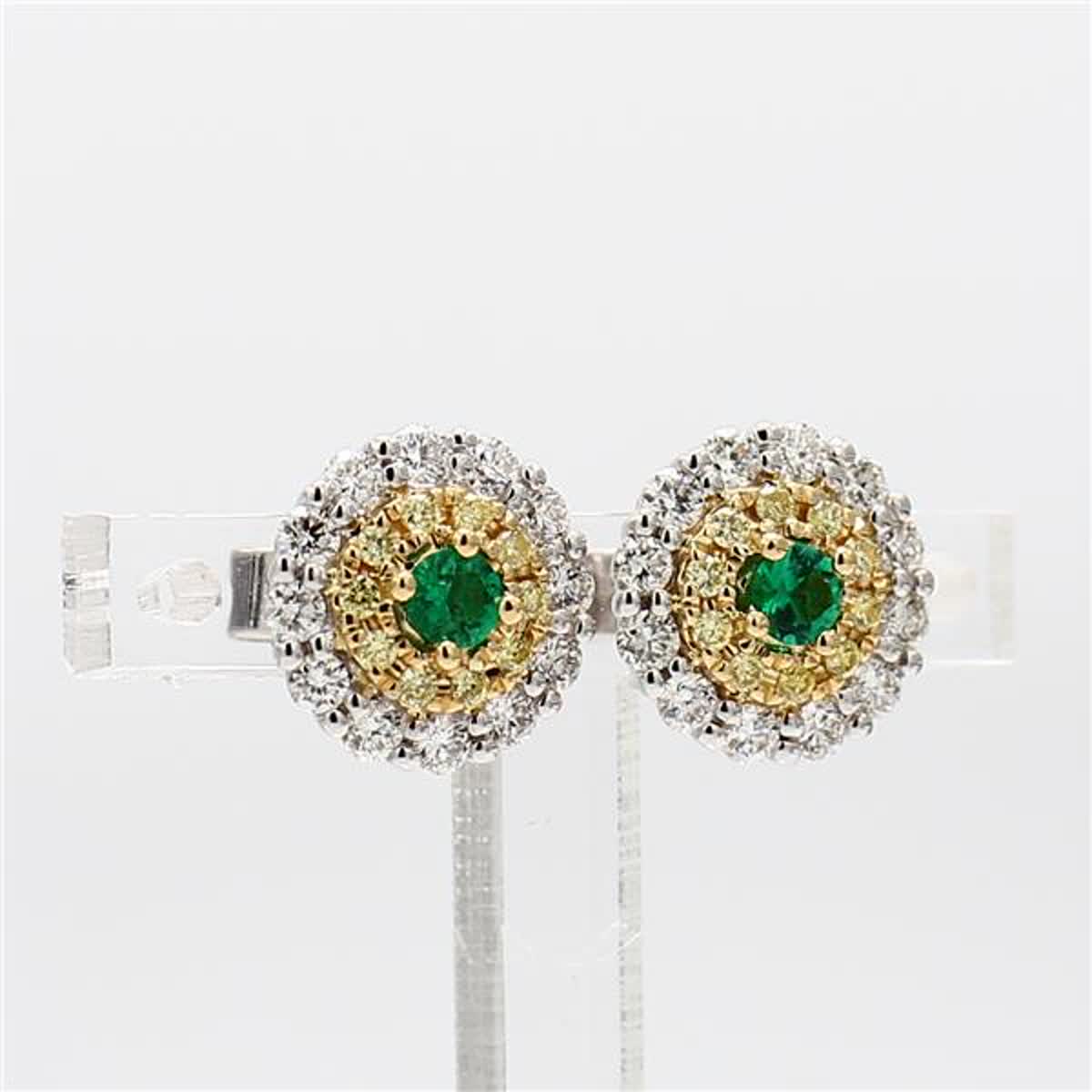 Natural Round Emerald and Diamond .93 Carat TW Yellow Gold Stud Earrings