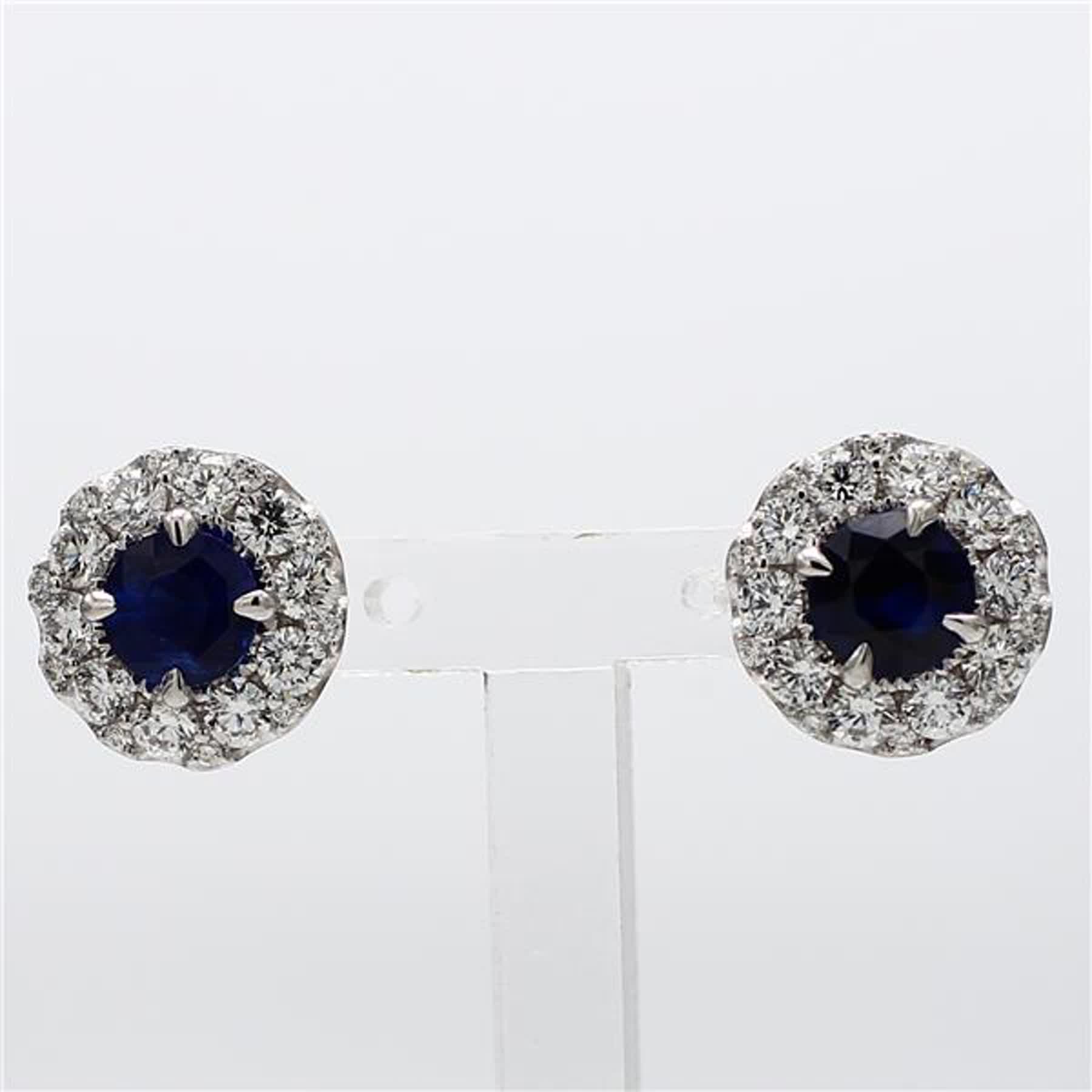Natural Blue Round Sapphire and White Diamond 3.41 Carat TW Gold Stud Earrings