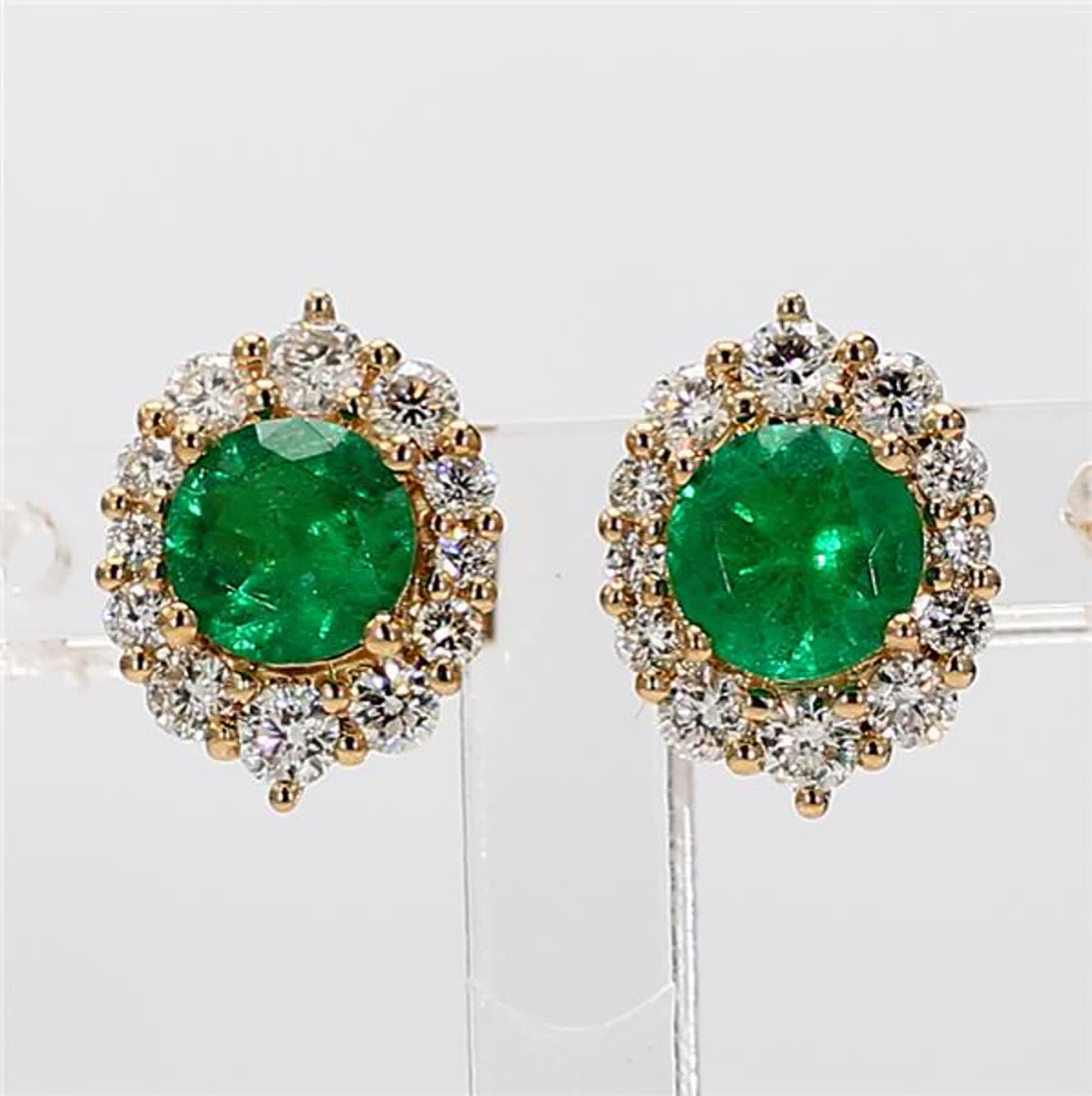 Natural Round Emerald and White Diamond 1.62 Carat TW Yellow Gold Stud Earrings