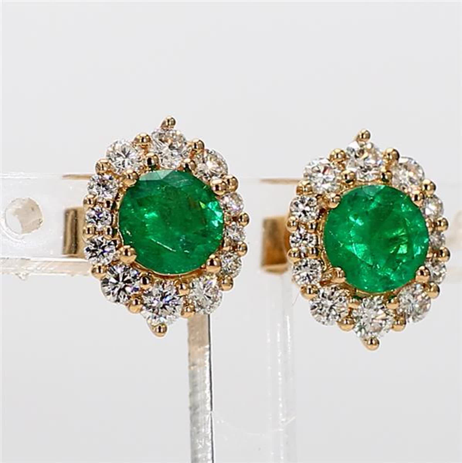 Natural Round Emerald and White Diamond 1.62 Carat TW Yellow Gold Stud Earrings