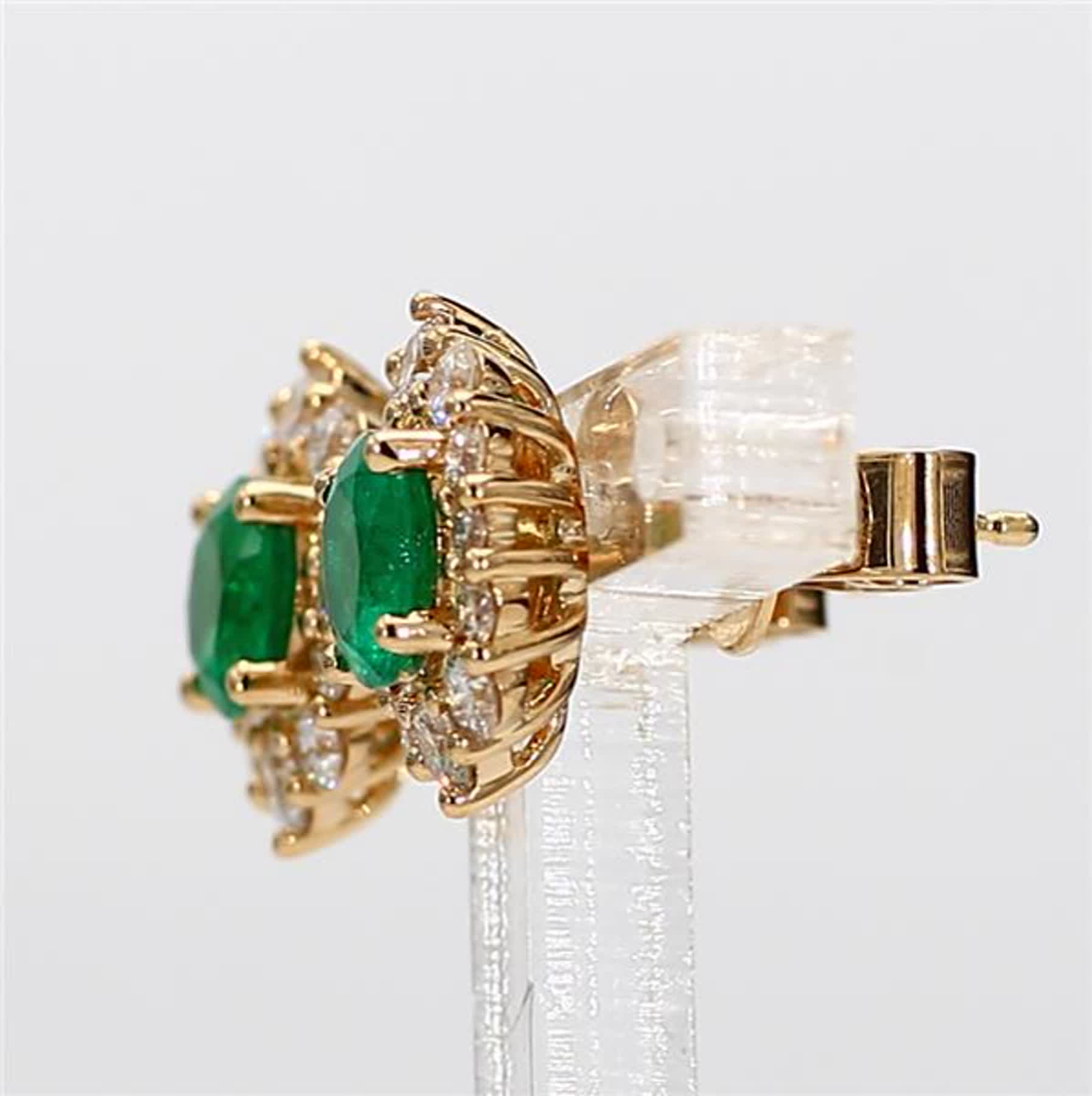 Natural Round Emerald and White Diamond 1.62 Carat TW Yellow Gold Stud Earrings