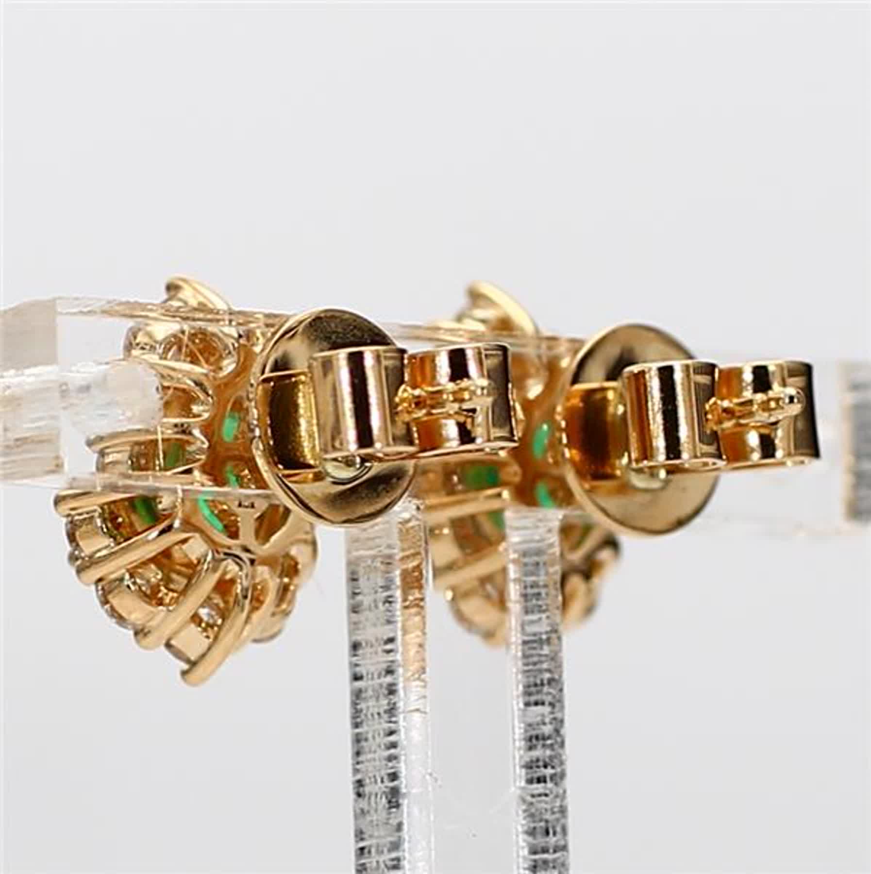 Natural Round Emerald and White Diamond 1.62 Carat TW Yellow Gold Stud Earrings