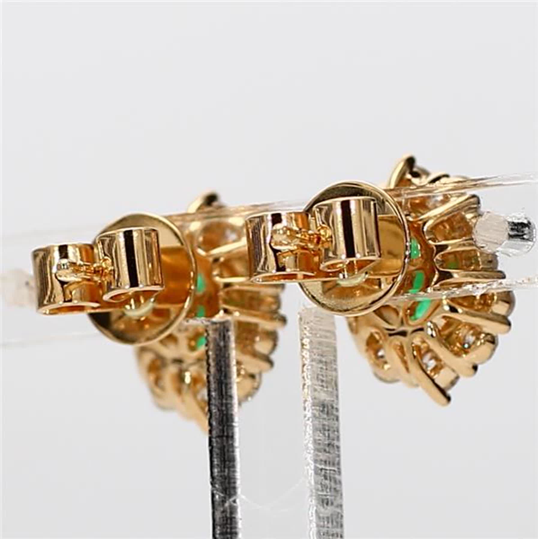 Natural Round Emerald and White Diamond 1.62 Carat TW Yellow Gold Stud Earrings