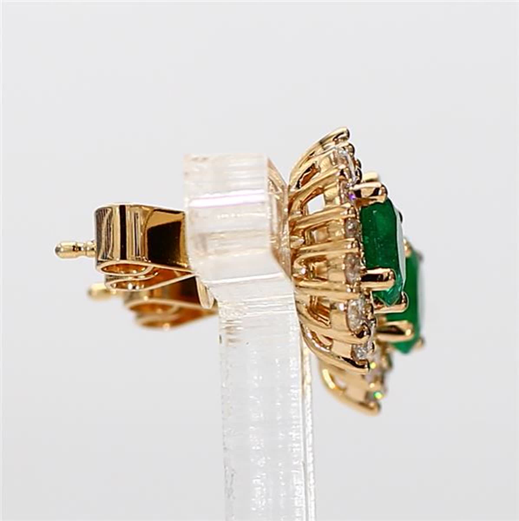 Natural Round Emerald and White Diamond 1.62 Carat TW Yellow Gold Stud Earrings