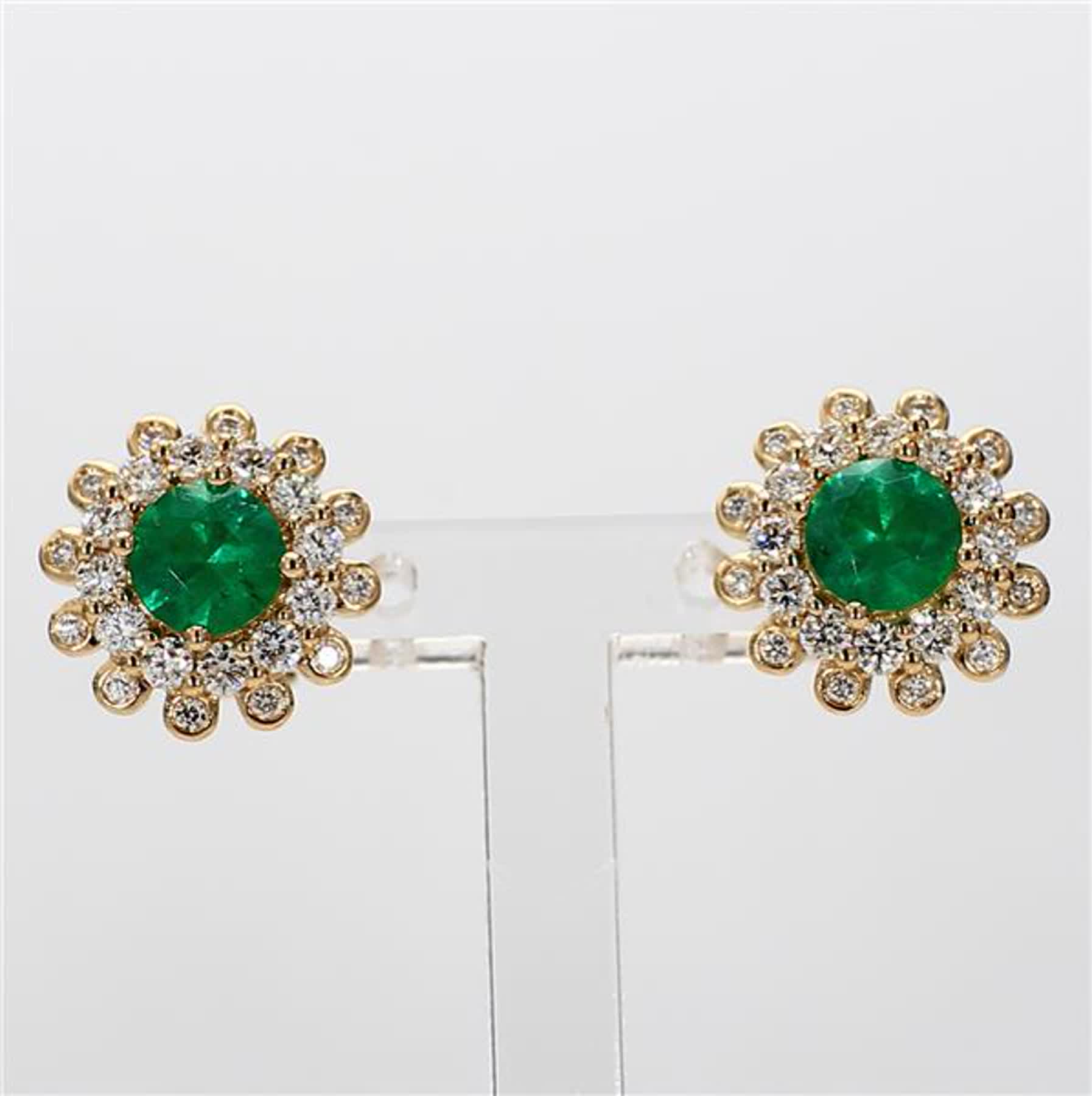 Natural Round Emerald and White Diamond 1.70 Carat TW Yellow Gold Stud Earrings