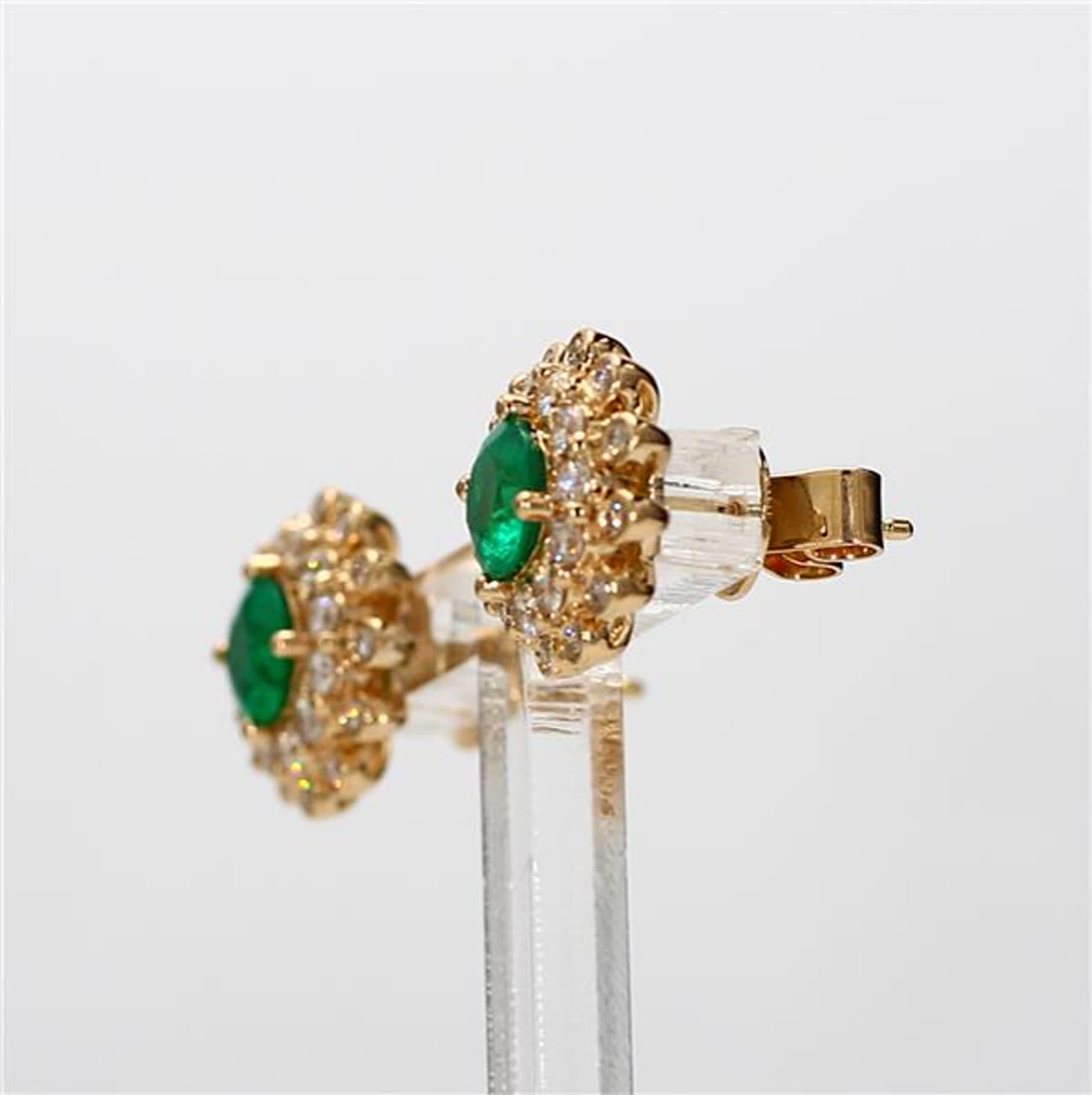 Natural Round Emerald and White Diamond 1.70 Carat TW Yellow Gold Stud Earrings