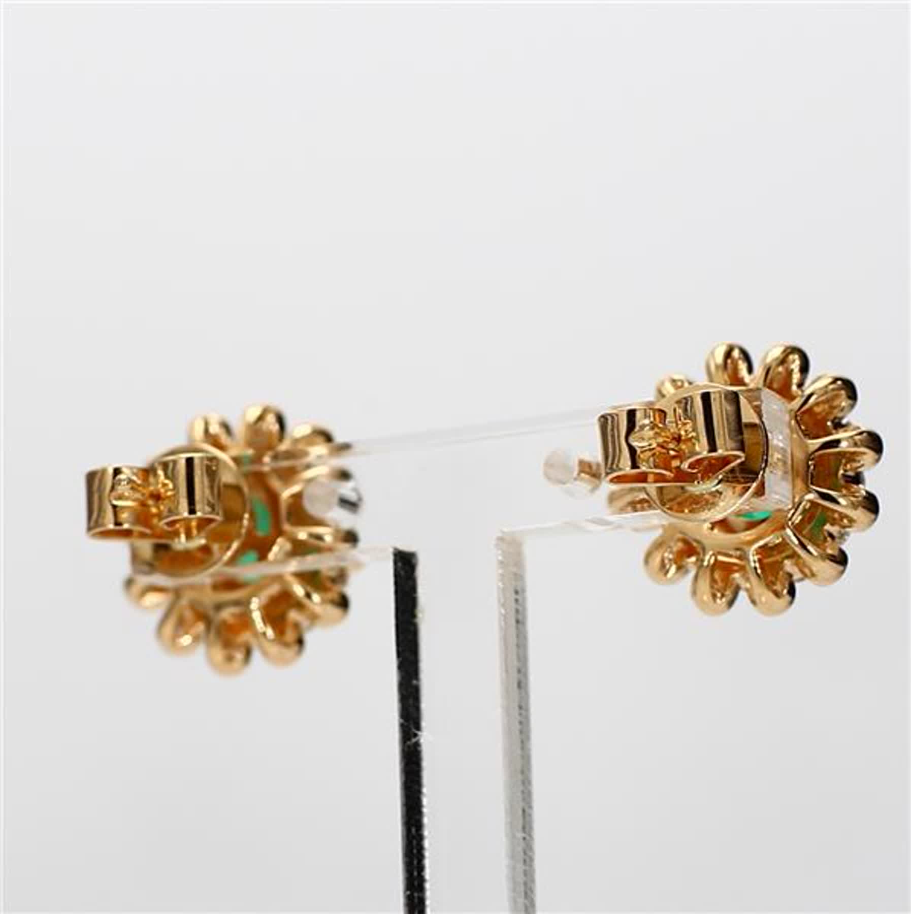 Natural Round Emerald and White Diamond 1.70 Carat TW Yellow Gold Stud Earrings