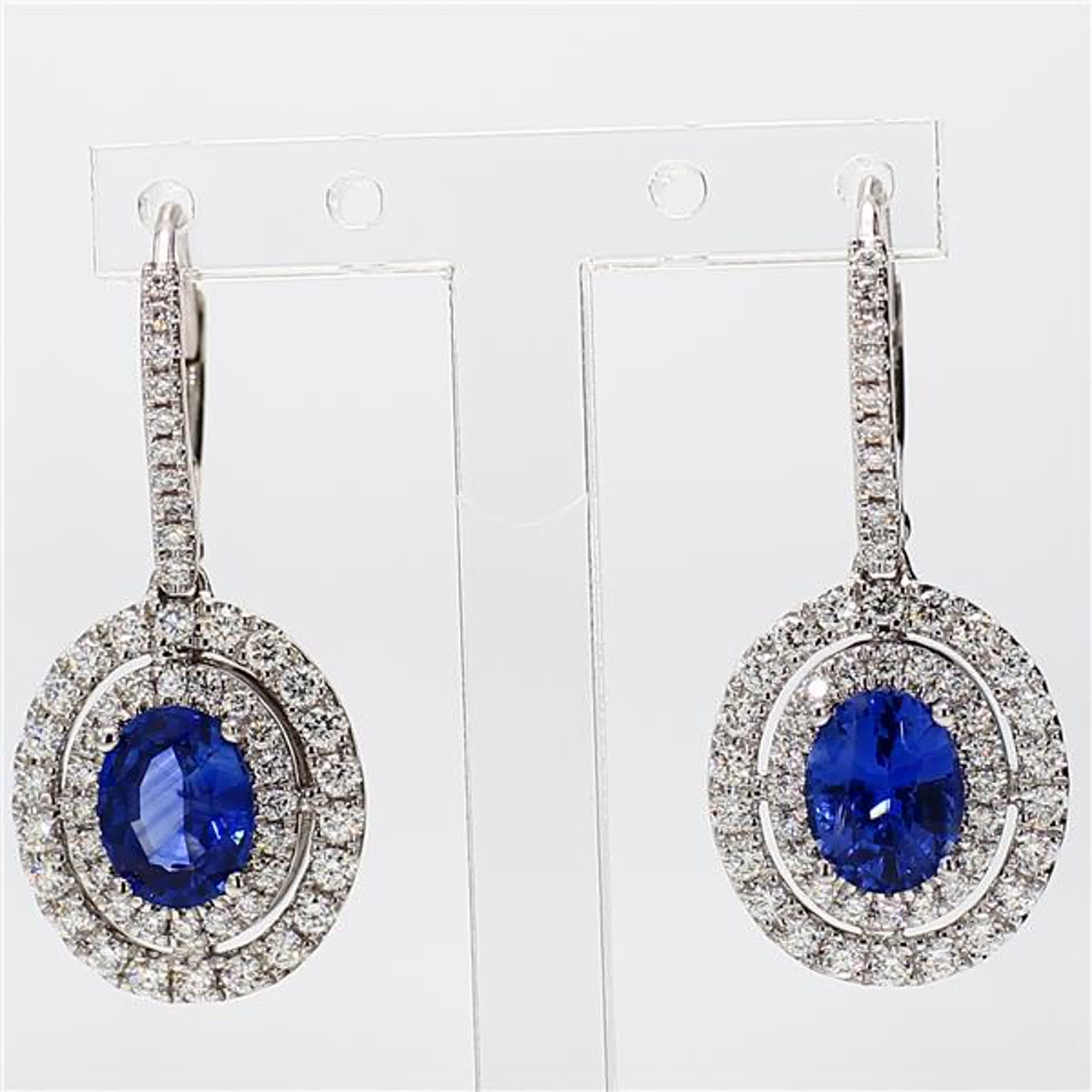 Natural Blue Oval Sapphire and White Diamond 2.97 Carat TW Gold Drop Earrings