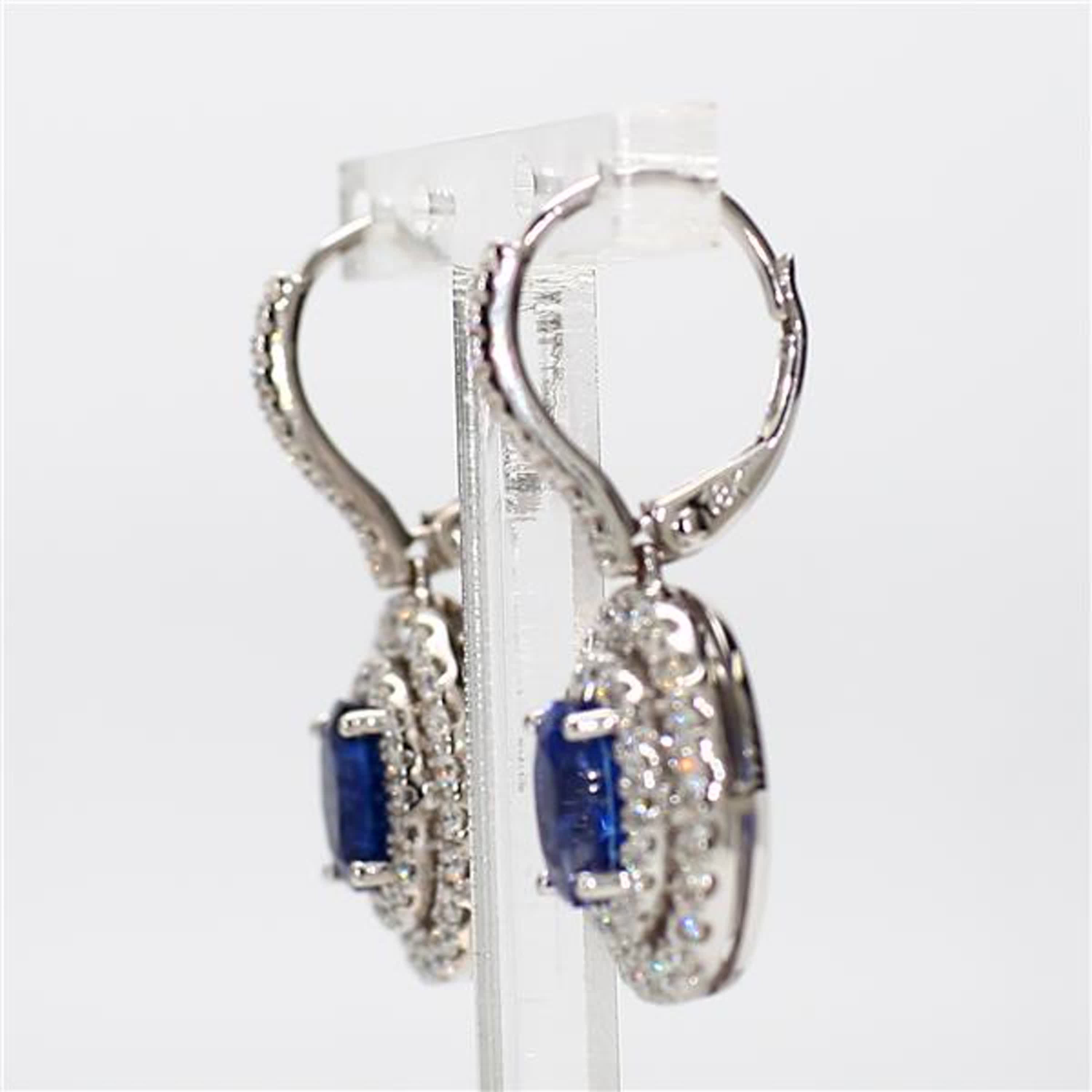 Natural Blue Oval Sapphire and White Diamond 2.97 Carat TW Gold Drop Earrings