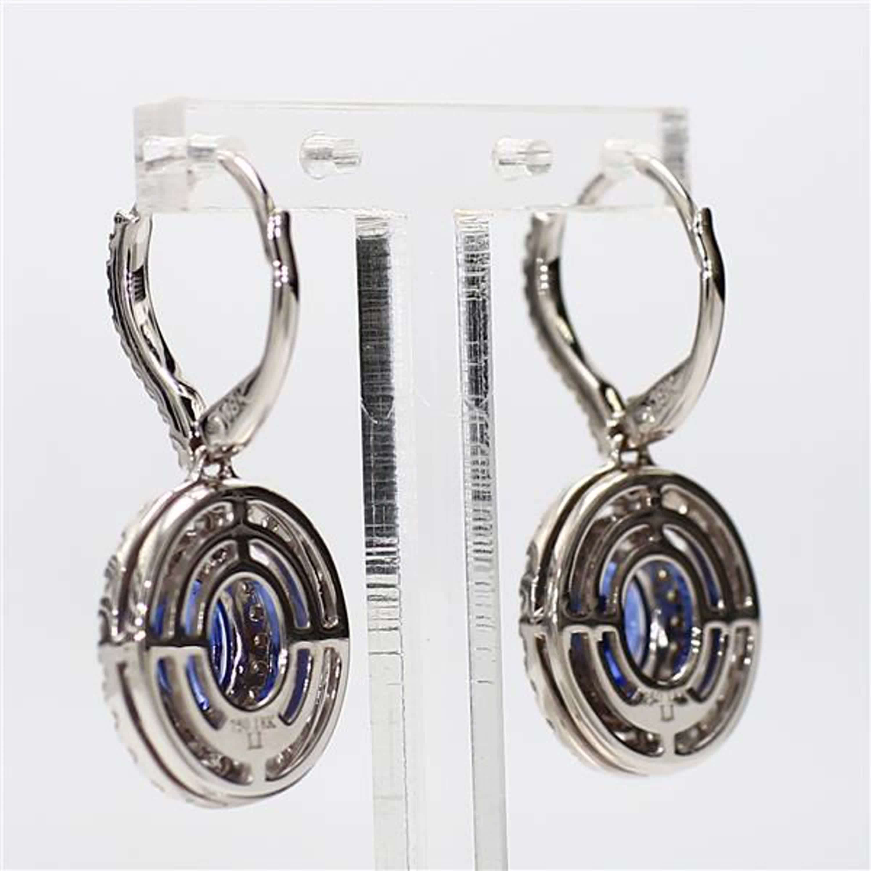 Natural Blue Oval Sapphire and White Diamond 2.97 Carat TW Gold Drop Earrings