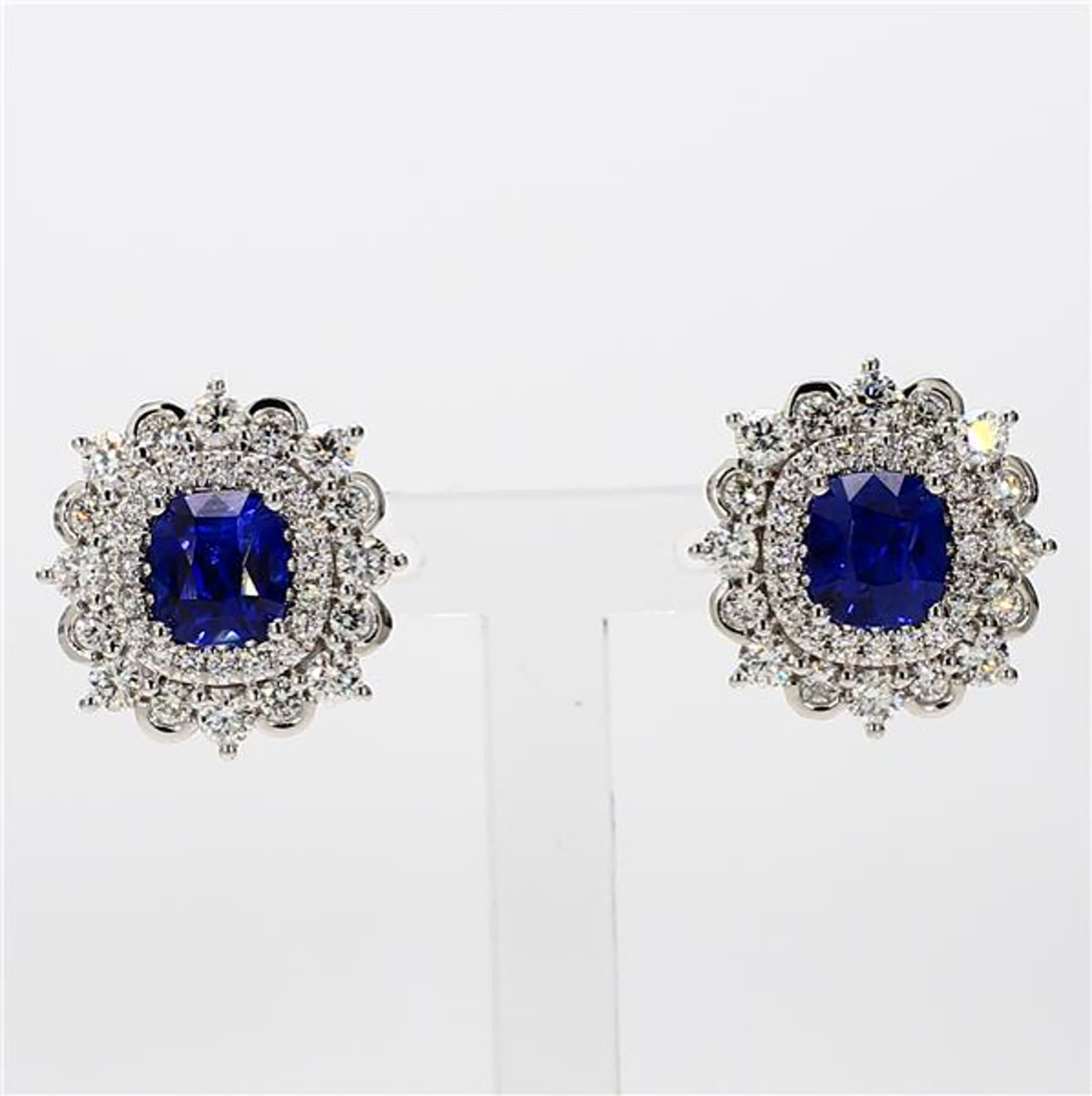 Natural Blue Cushion Sapphire and White Diamond 3.31 Carat TW Gold Stud Earrings