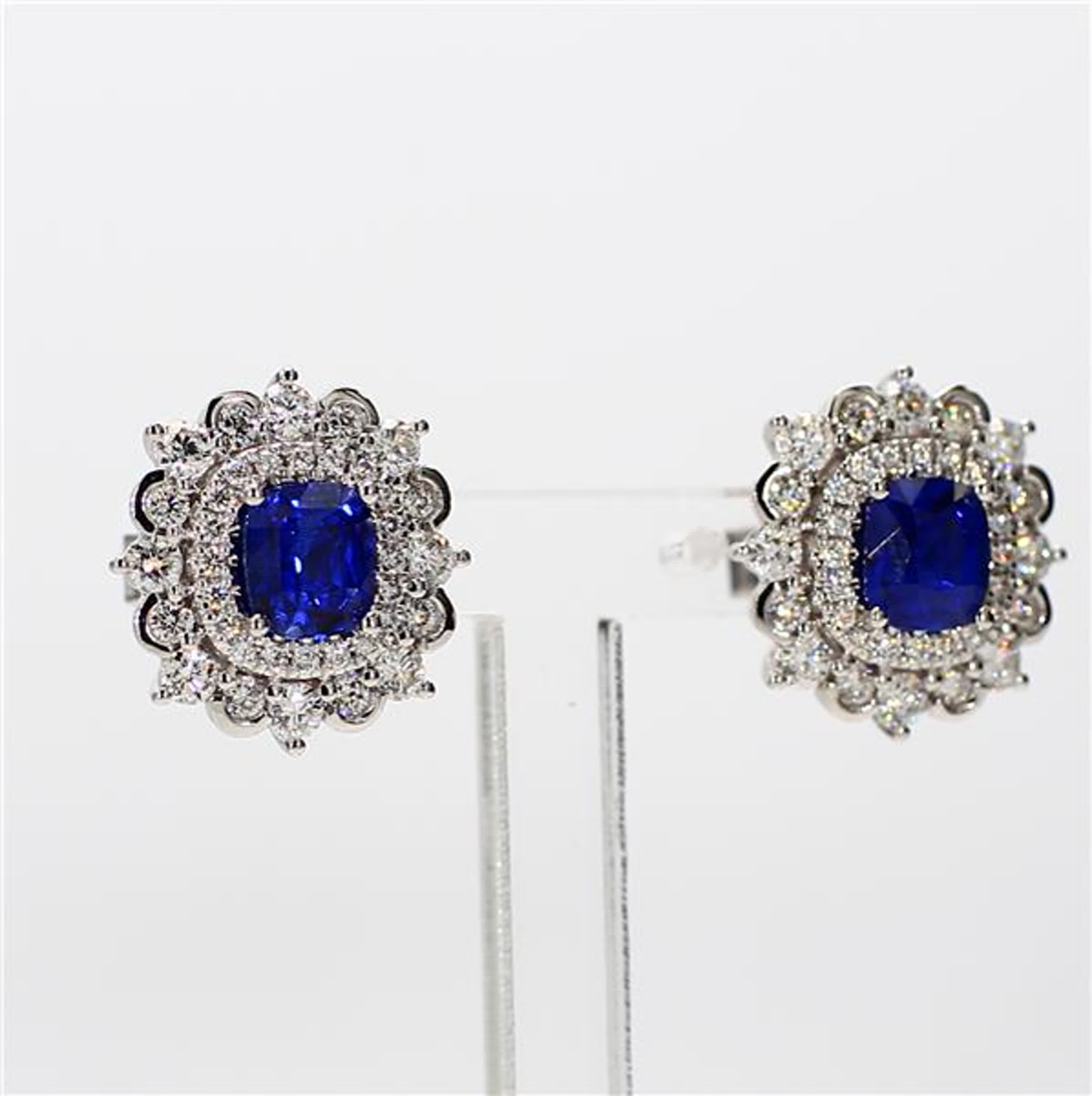 Natural Blue Cushion Sapphire and White Diamond 3.31 Carat TW Gold Stud Earrings