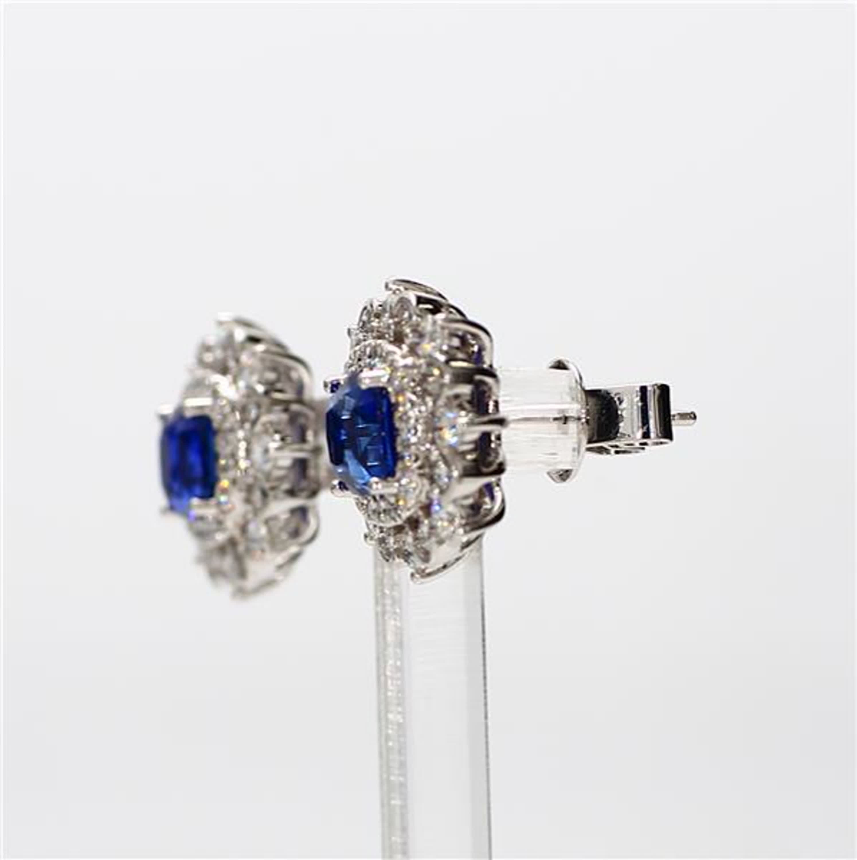 Natural Blue Cushion Sapphire and White Diamond 3.31 Carat TW Gold Stud Earrings
