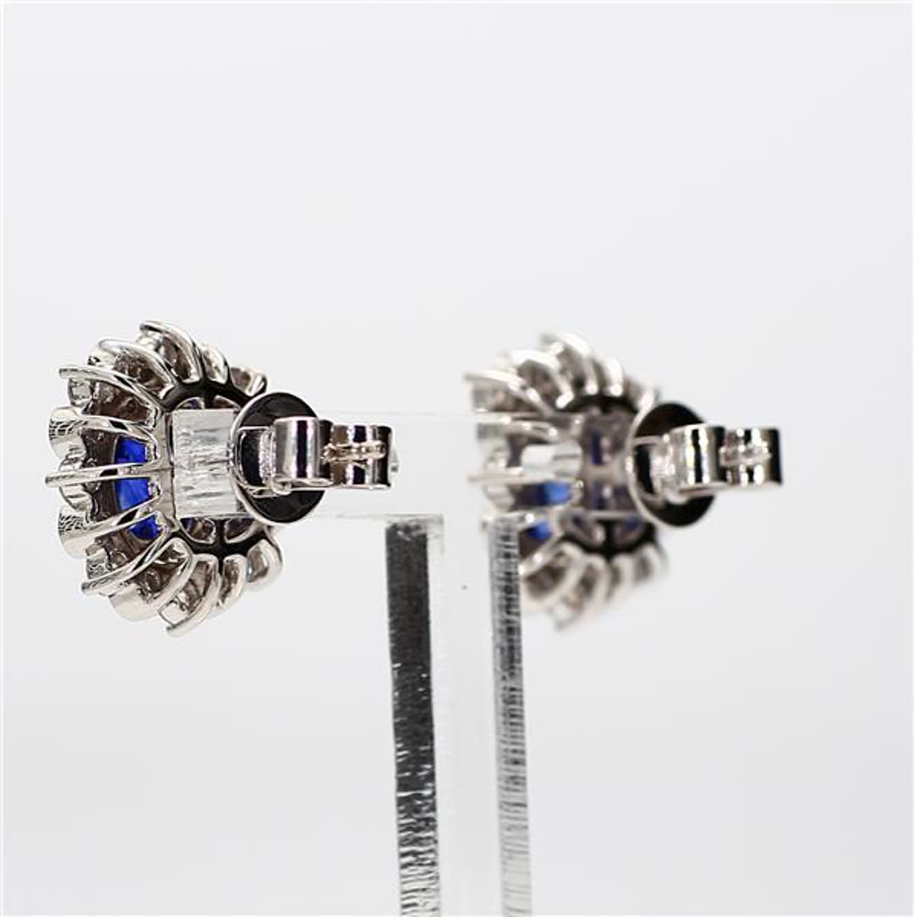 Natural Blue Cushion Sapphire and White Diamond 3.31 Carat TW Gold Stud Earrings