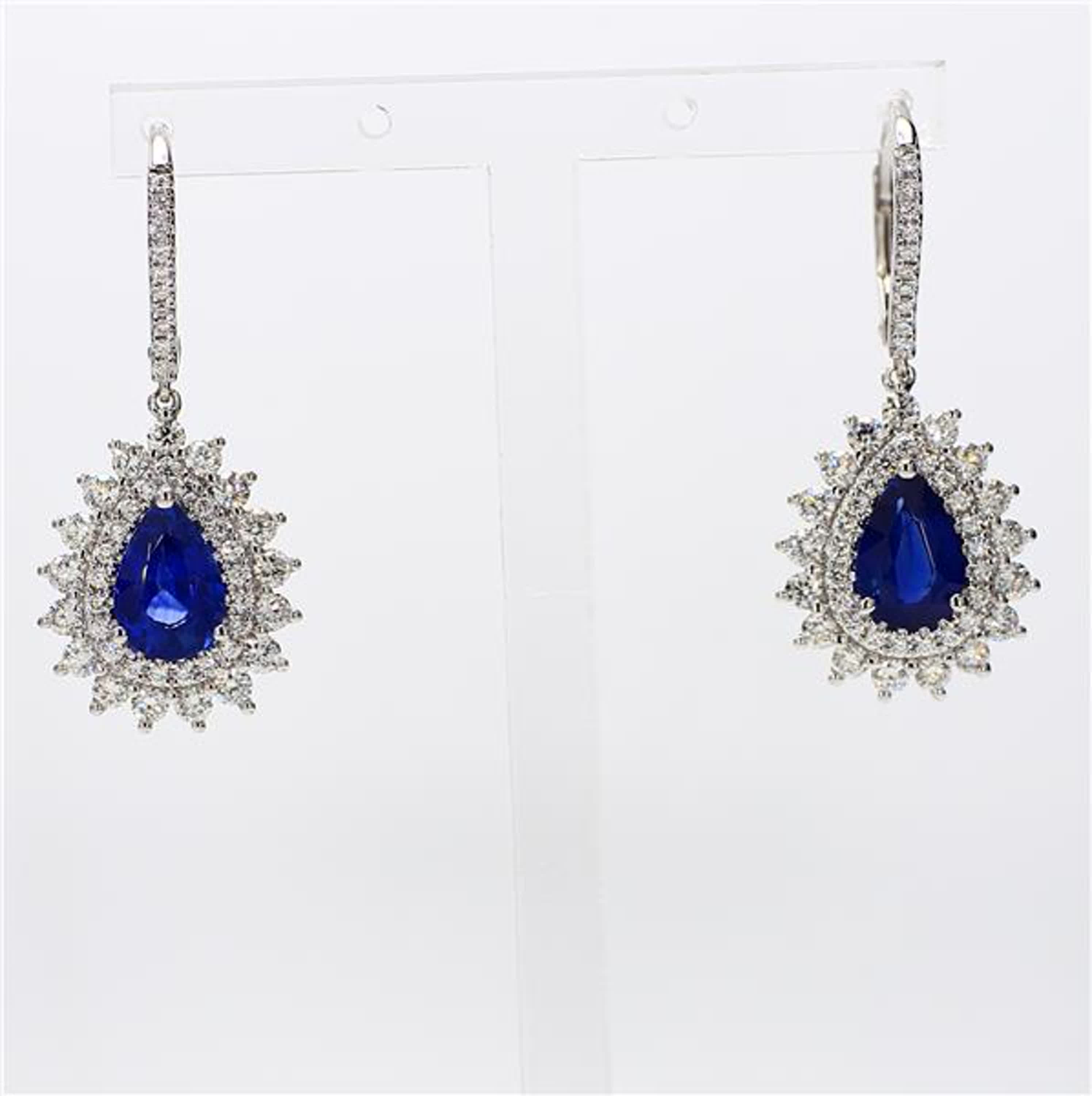 Natural Blue Pear Sapphire and White Diamond 4.40 Carat TW Gold Drop Earrings